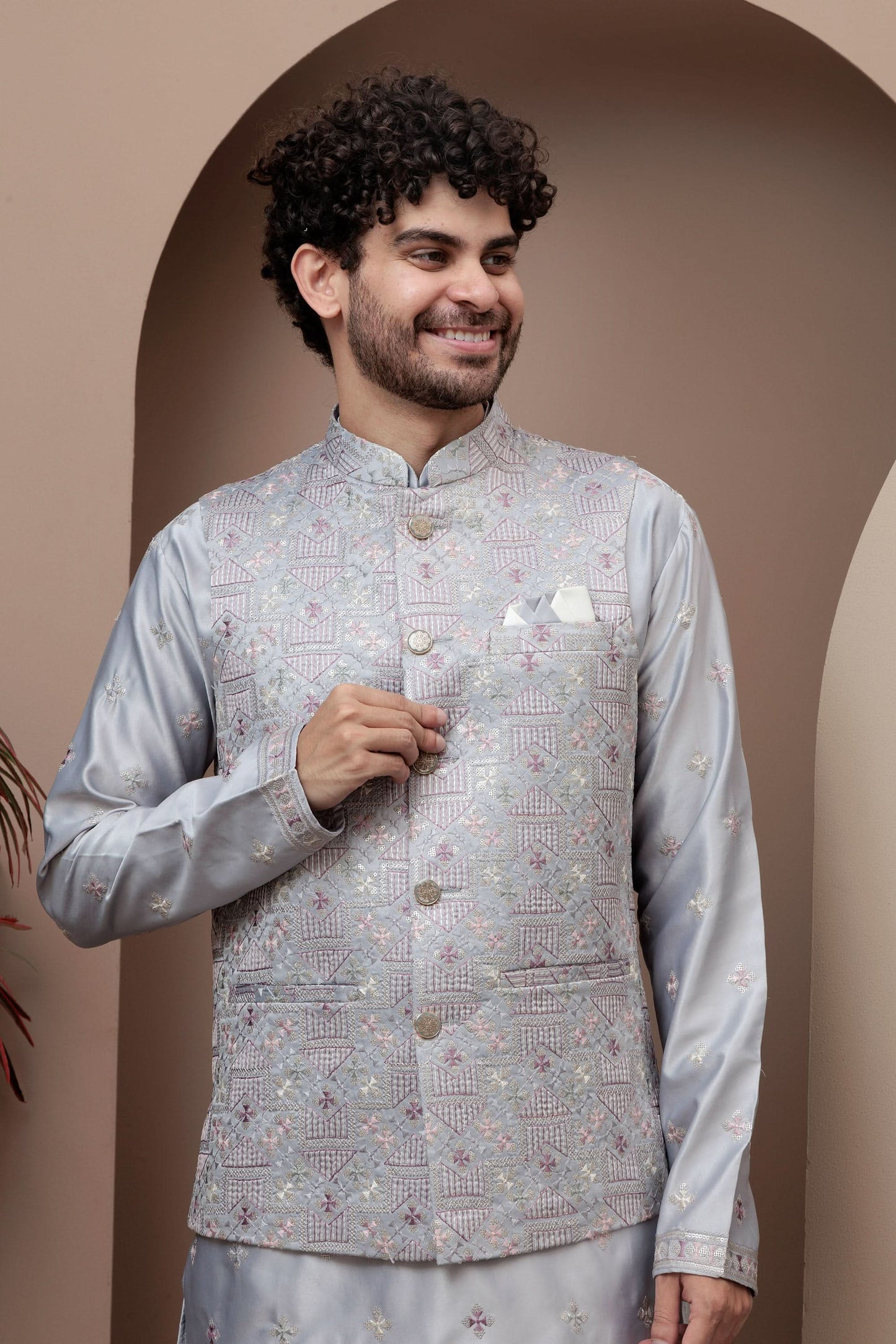 Grey kurta pajama with matching embroidered jacket