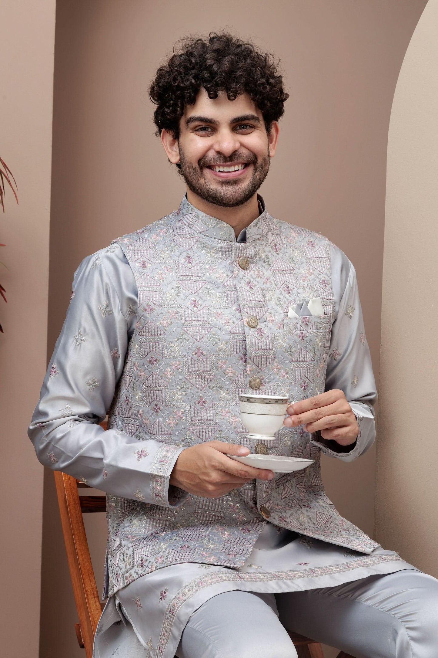 Grey kurta pajama with matching embroidered jacket
