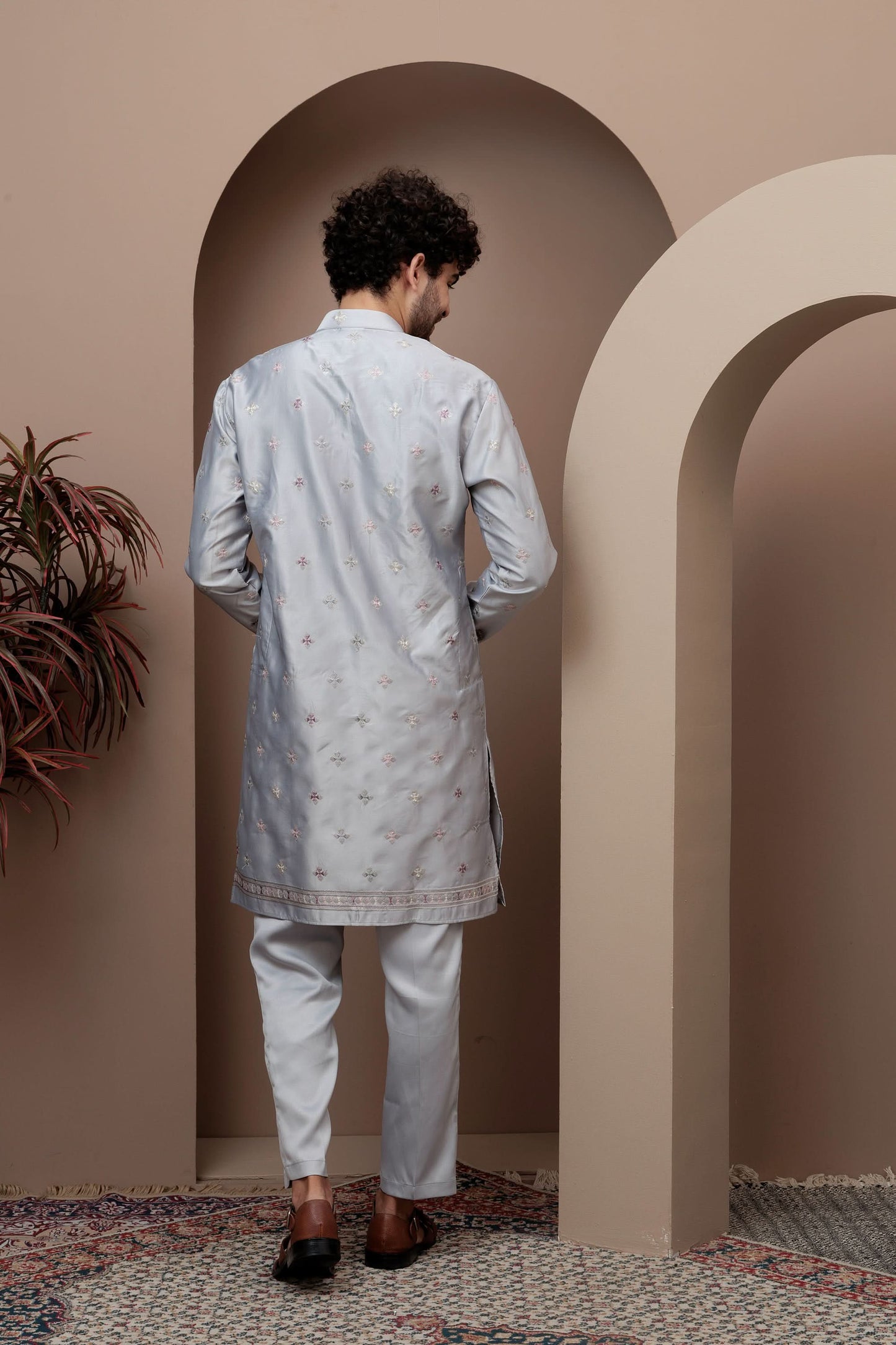 Grey kurta pajama with matching embroidered jacket