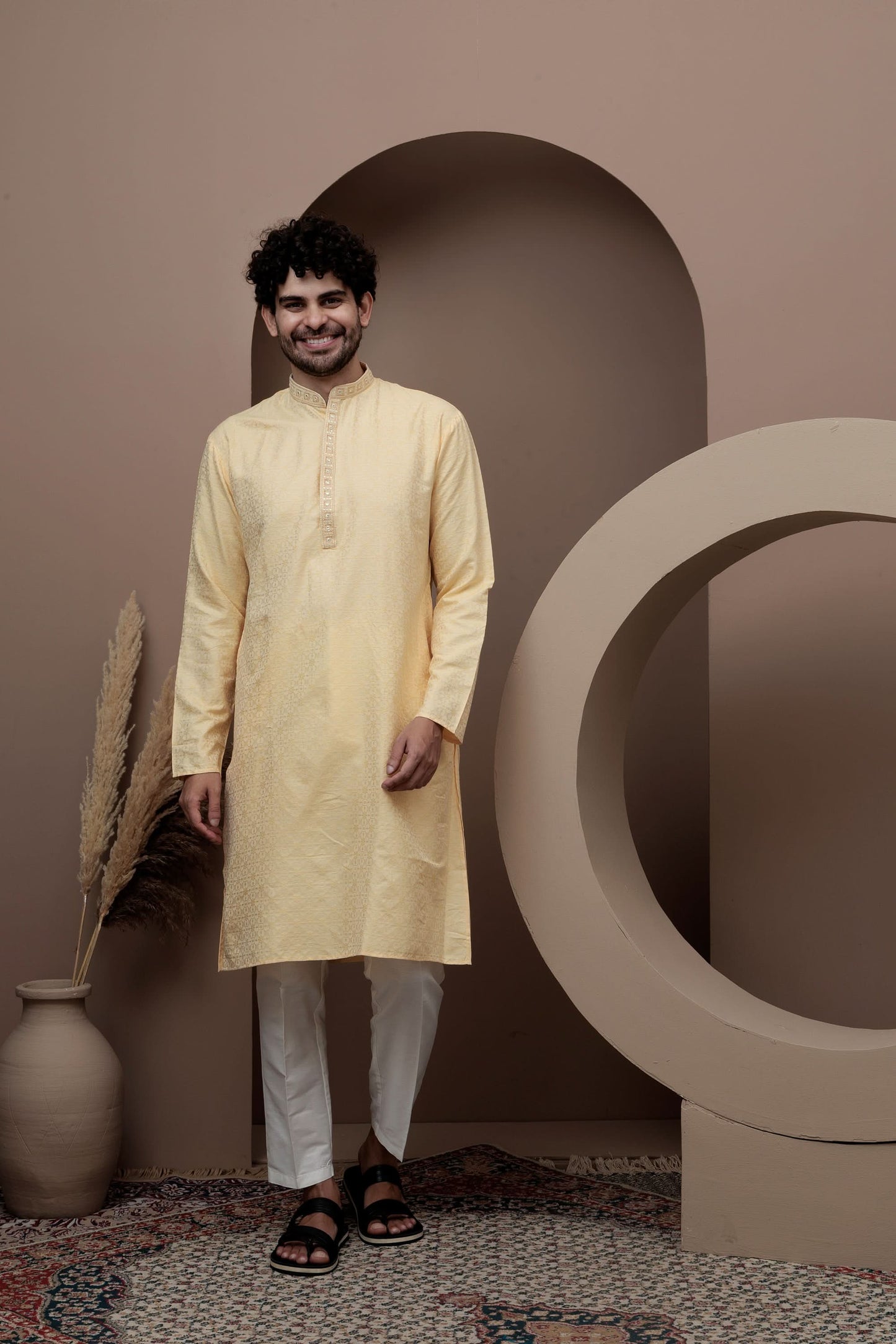 Yellow cotton silk kurta pajama for festive occasions