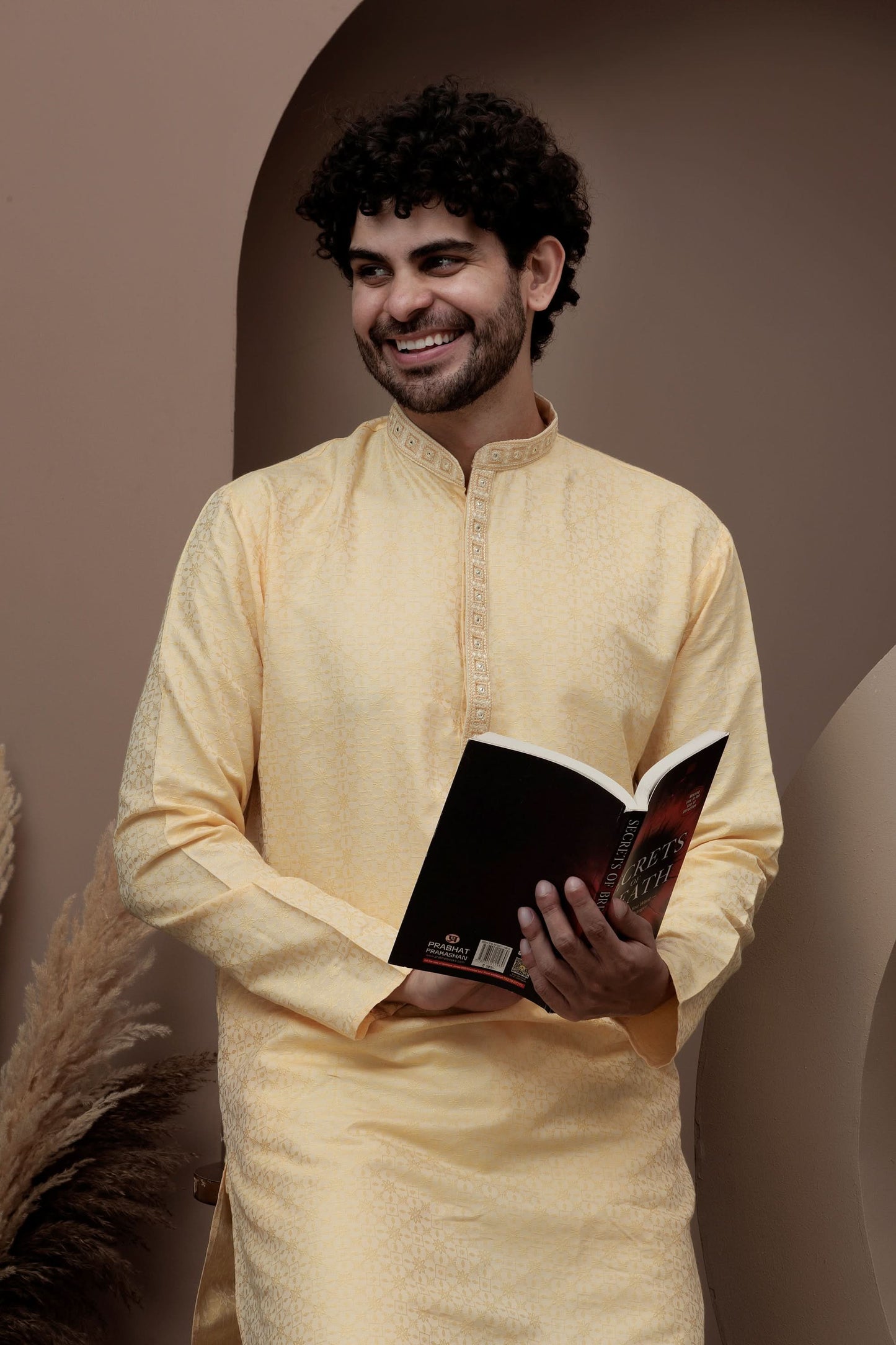 Yellow cotton silk kurta pajama for festive occasions