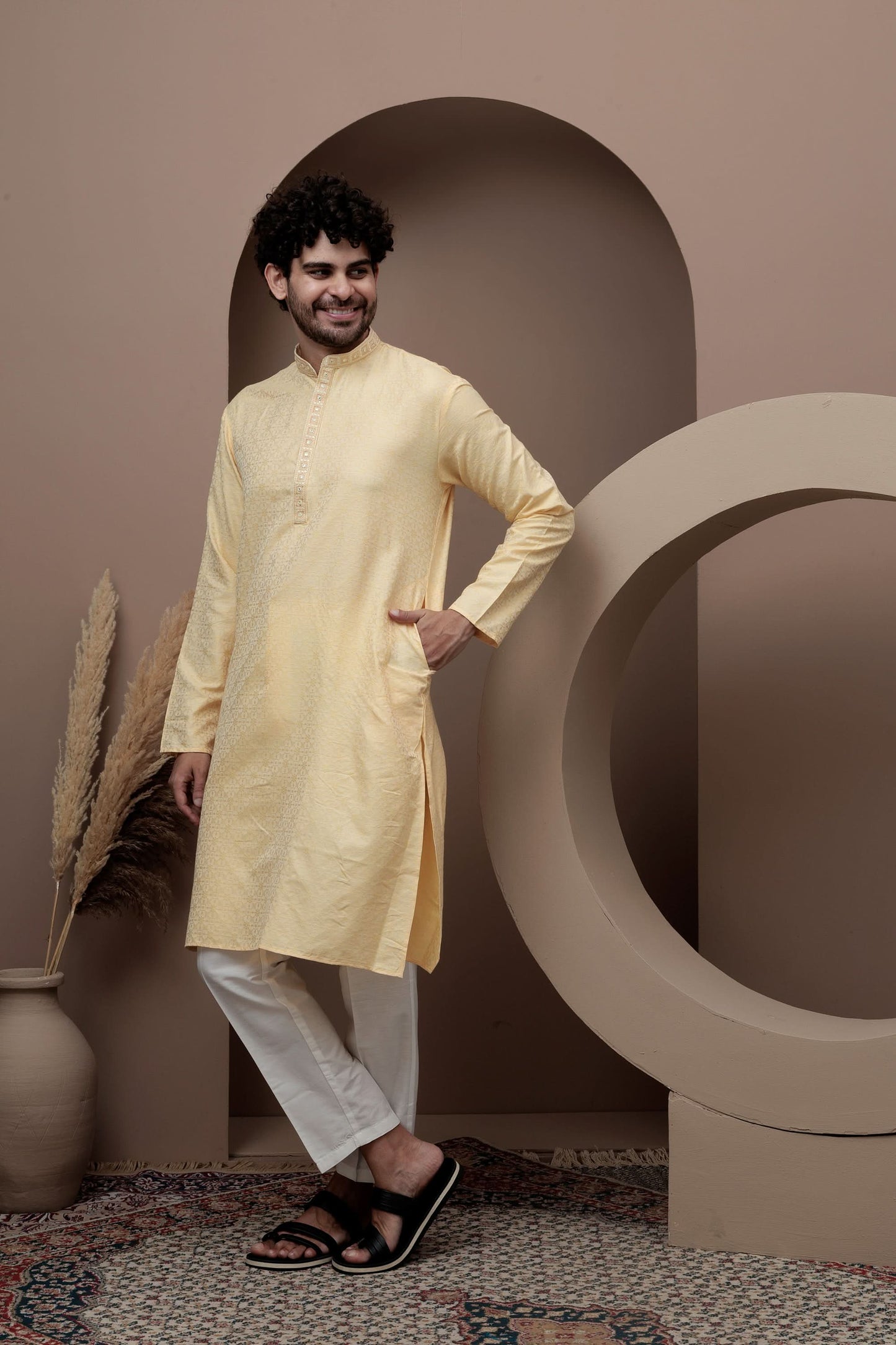Yellow cotton silk kurta pajama for festive occasions