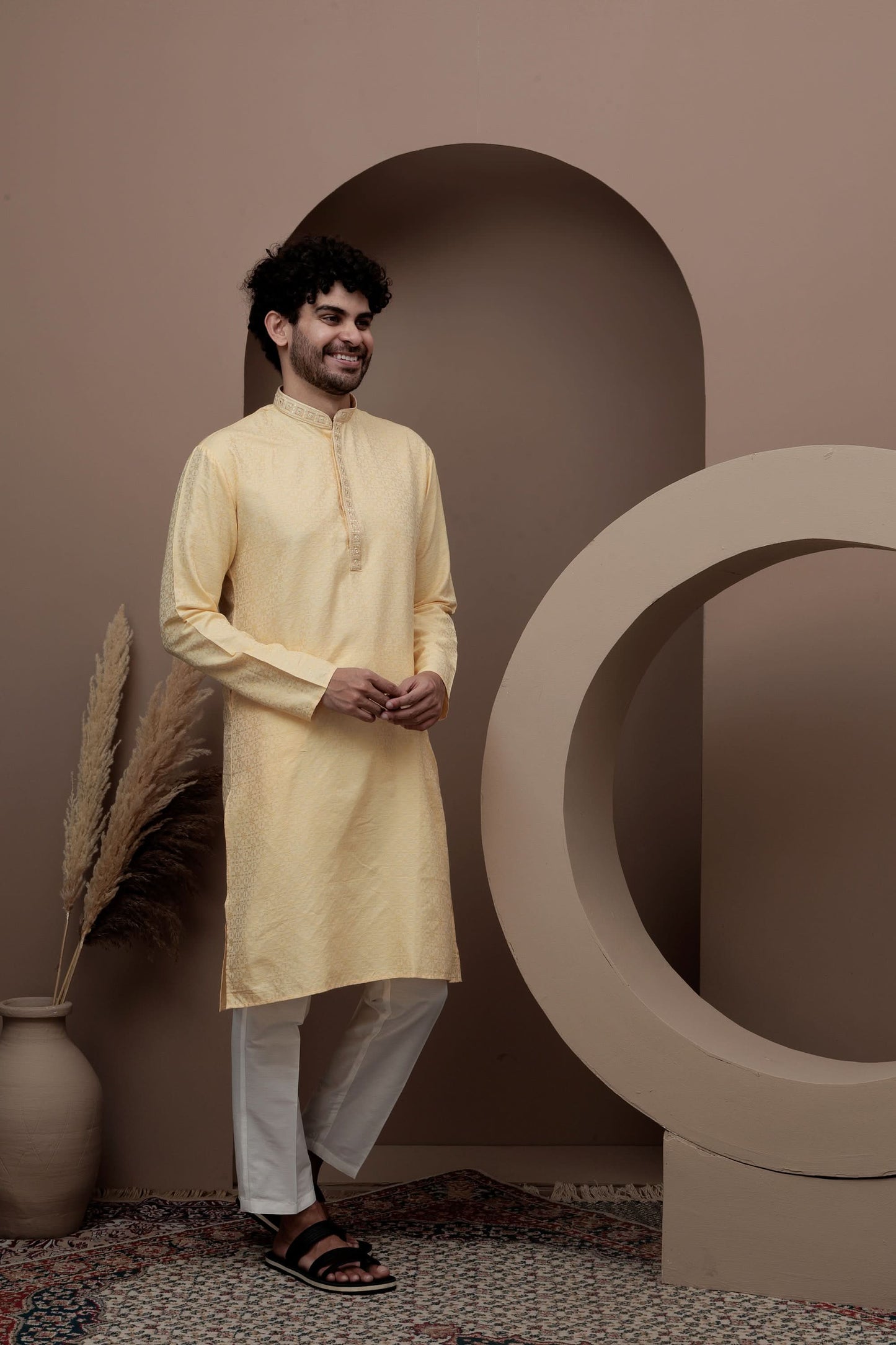 Yellow cotton silk kurta pajama for festive occasions