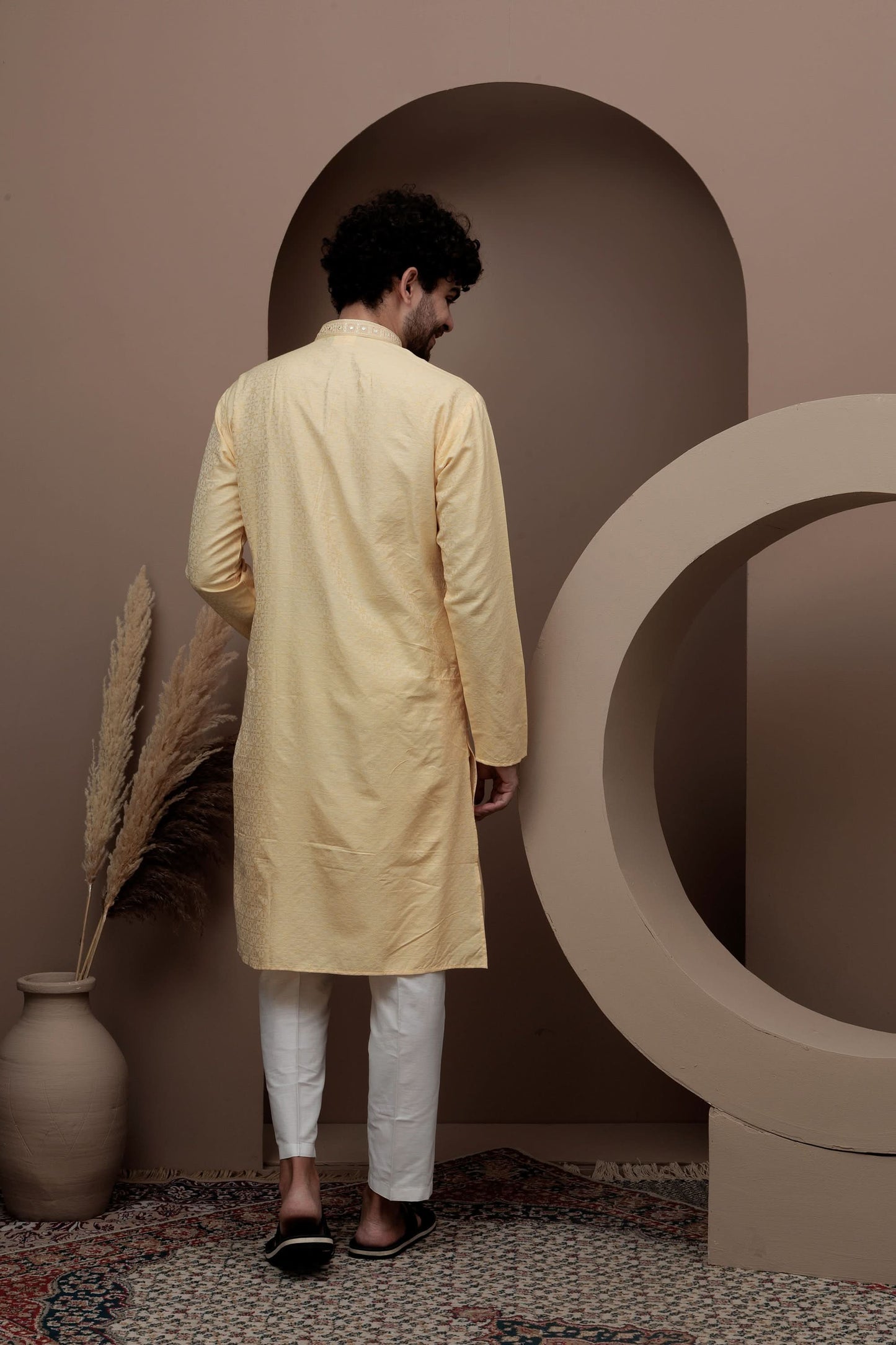 Yellow cotton silk kurta pajama for festive occasions