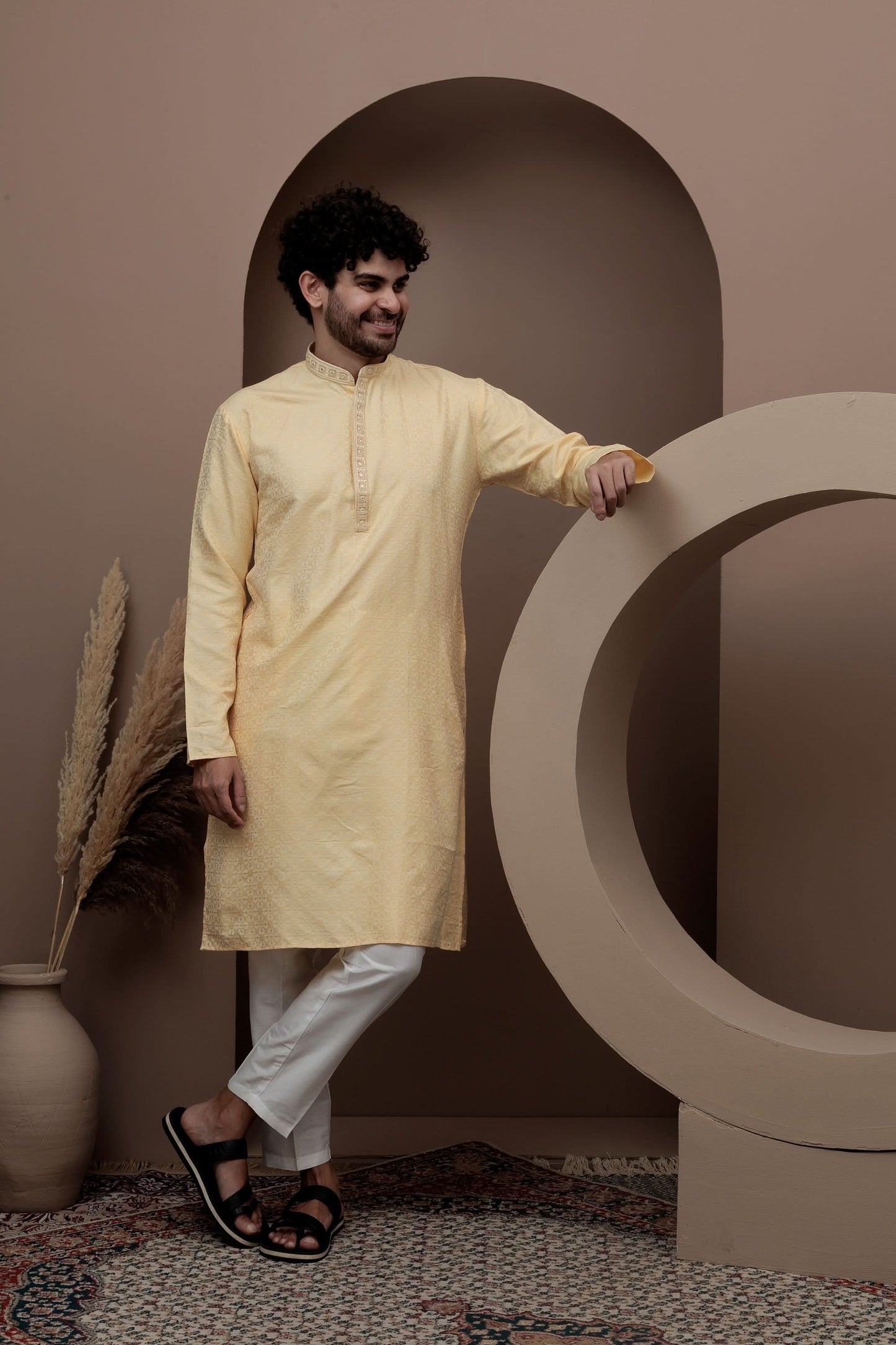 Yellow cotton silk kurta pajama for festive occasions