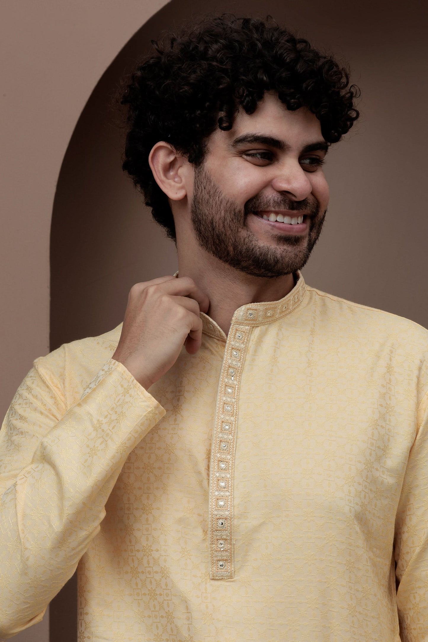 Yellow cotton silk kurta pajama for festive occasions