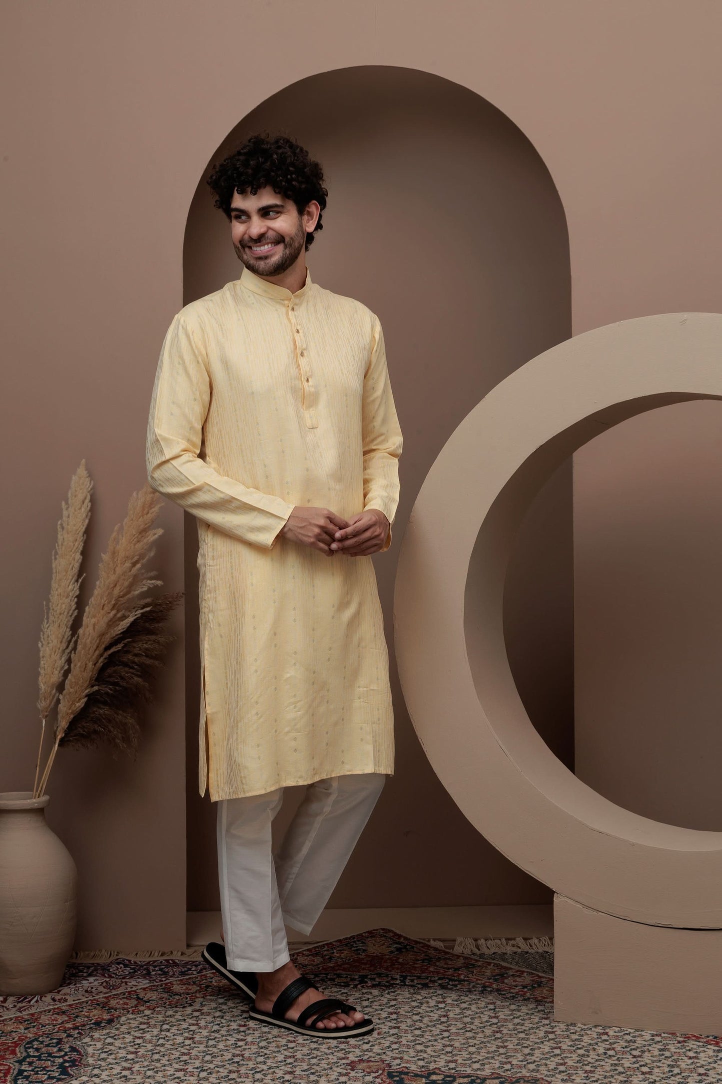 Yellow cotton silk kurta pajama for festive occasions
