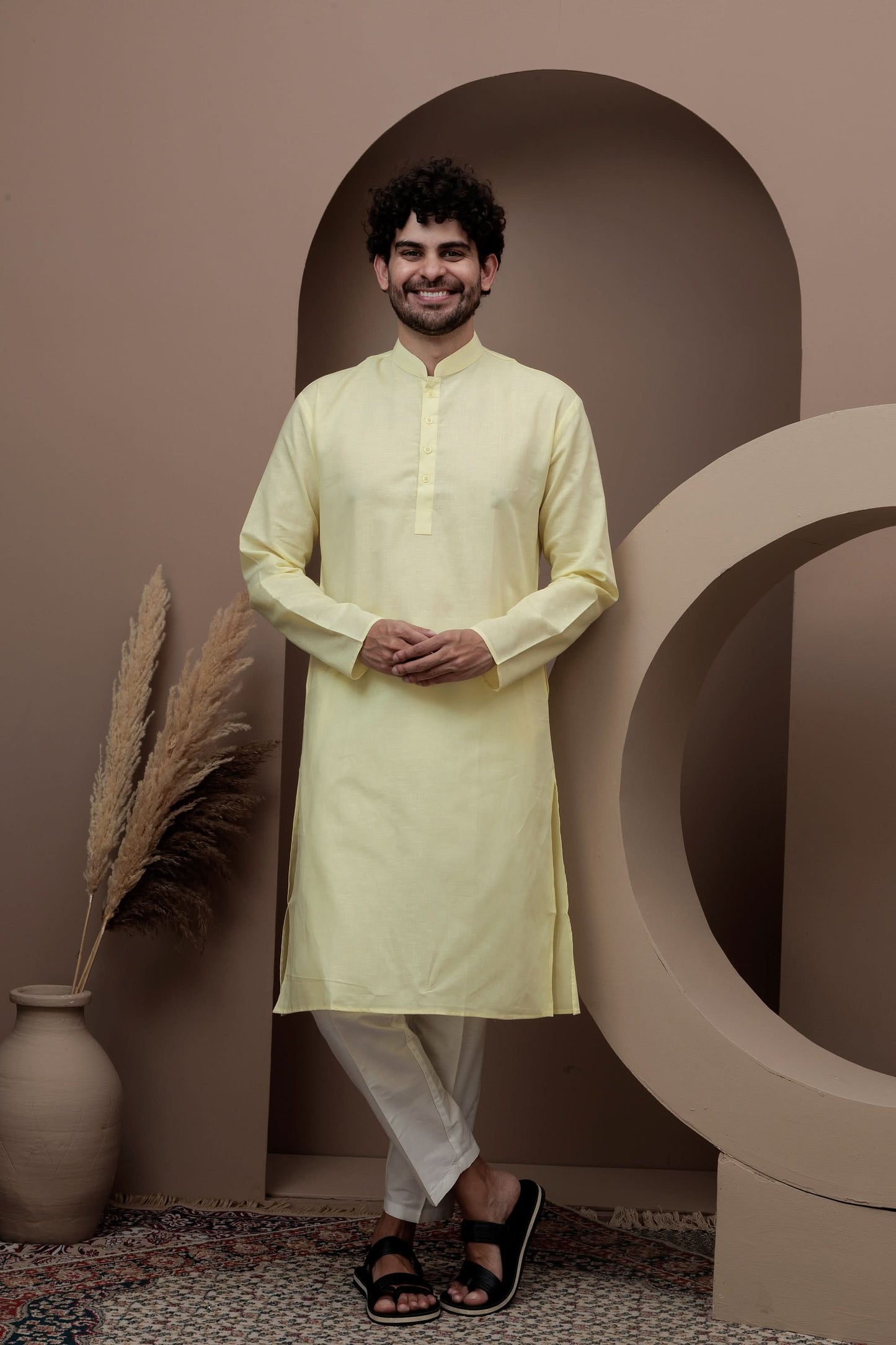 Yellow cotton silk kurta pajama for festive occasions