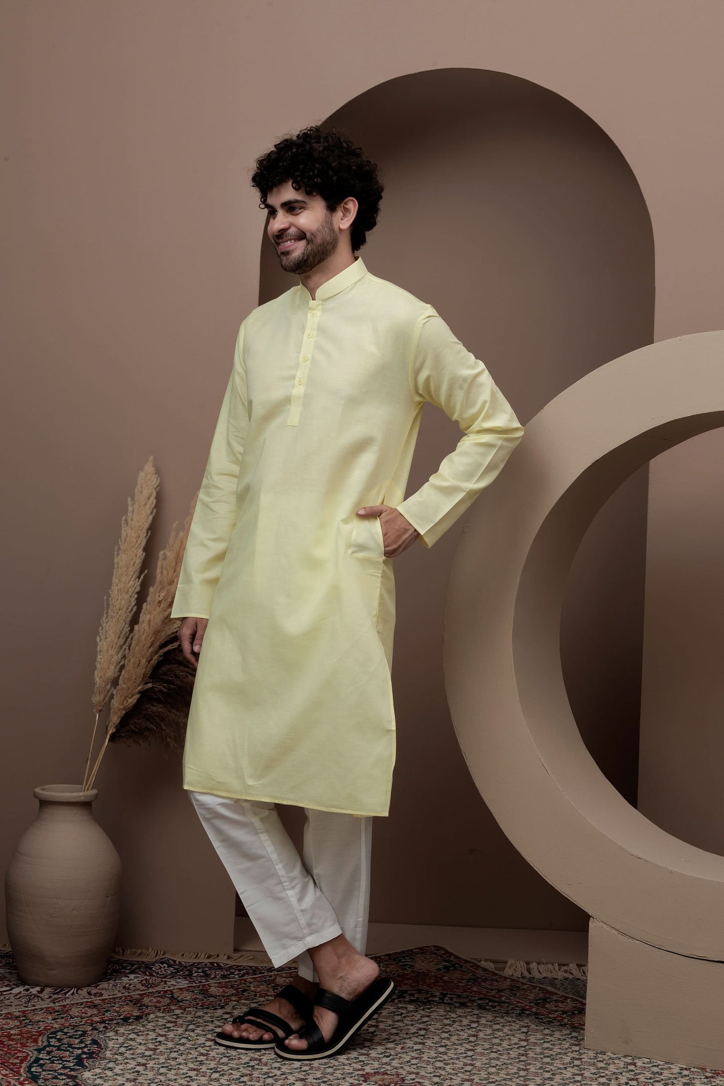 Yellow cotton silk kurta pajama for festive occasions