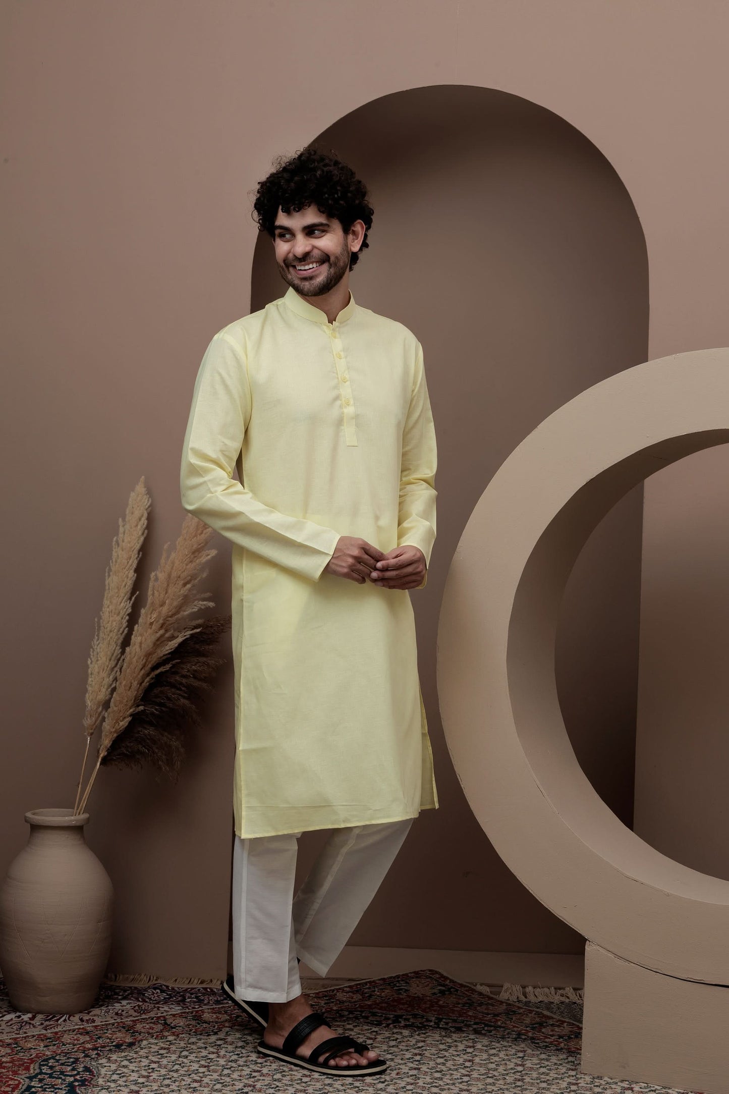 Yellow cotton silk kurta pajama for festive occasions