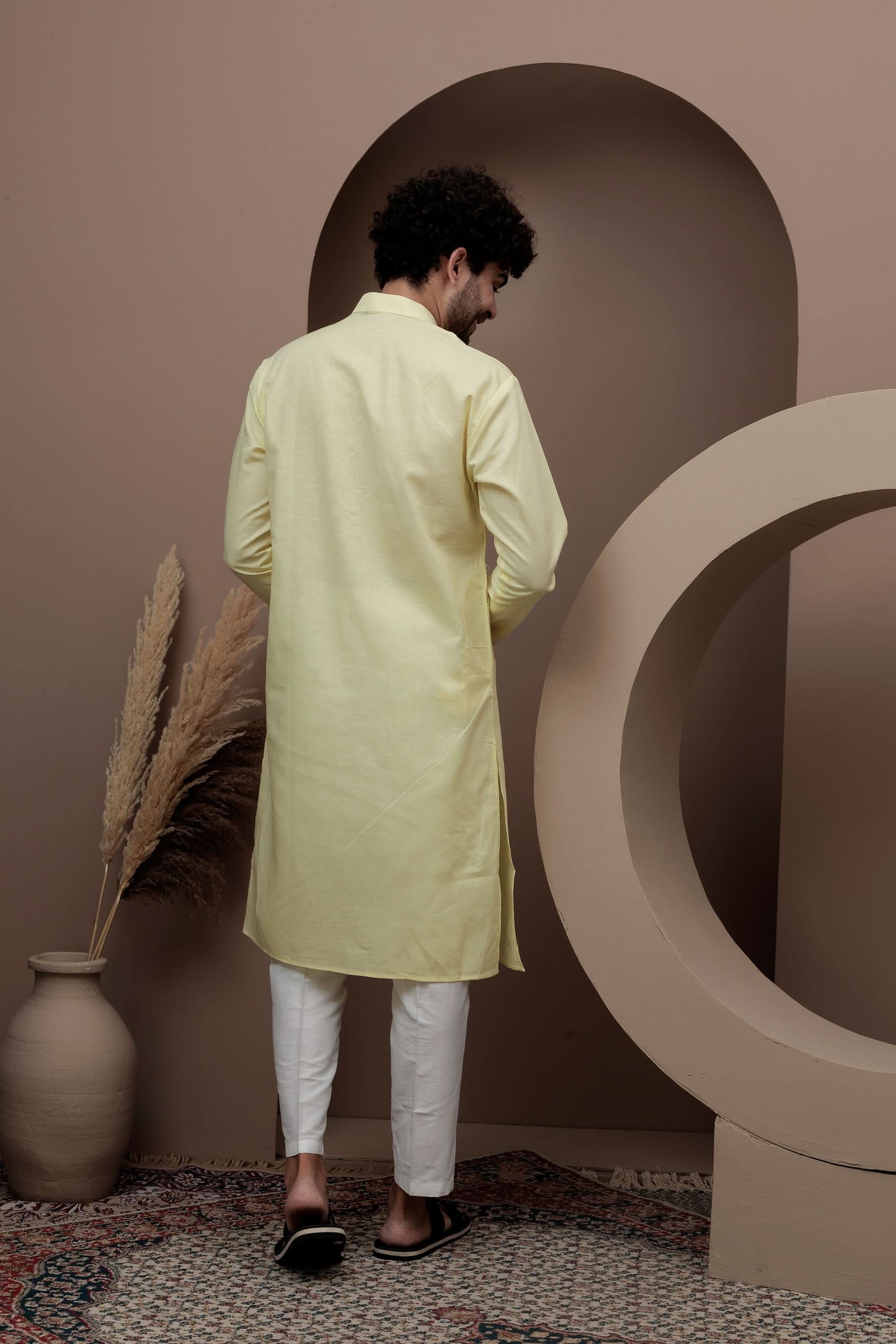 Yellow cotton silk kurta pajama for festive occasions