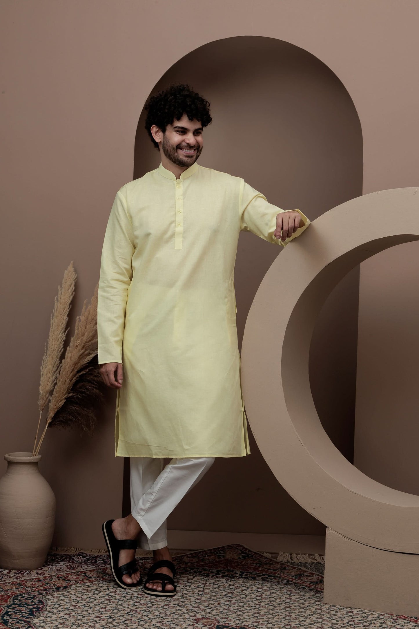 Yellow cotton silk kurta pajama for festive occasions