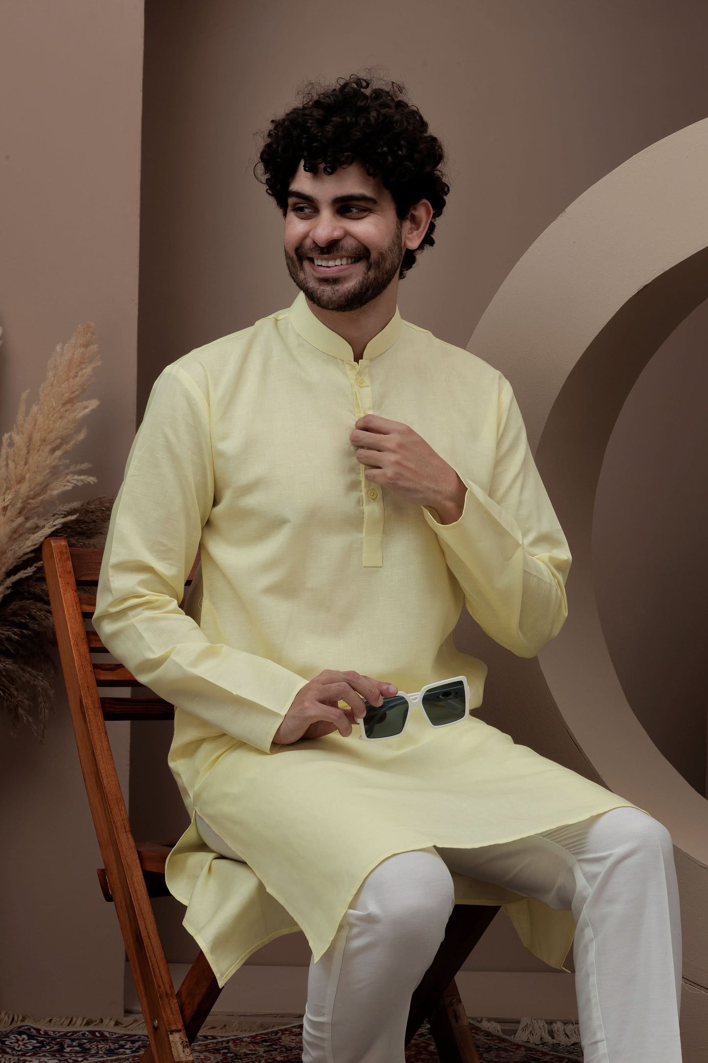 Yellow cotton silk kurta pajama for festive occasions