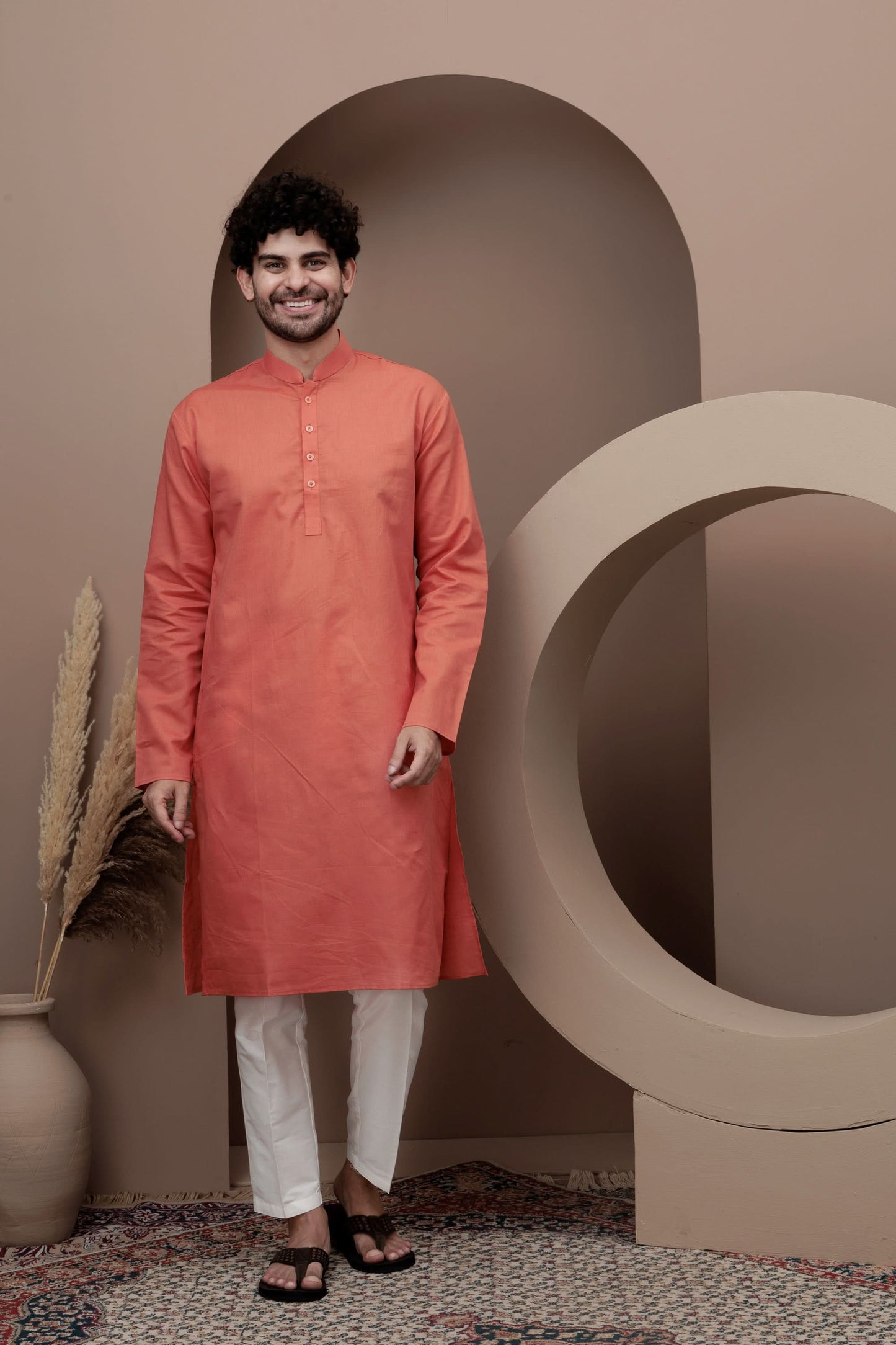 Orange cotton silk kurta pajama for festive occasions
