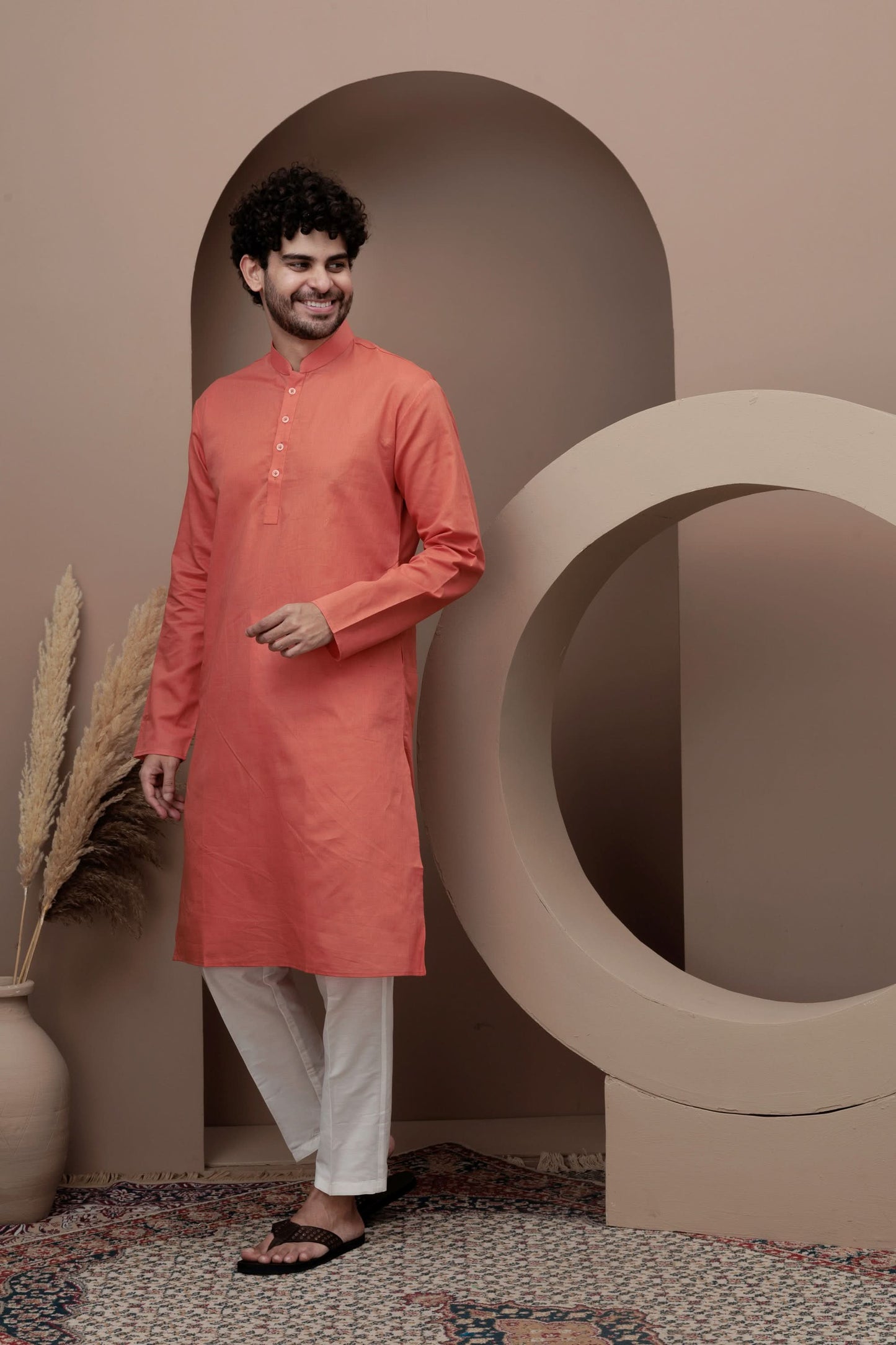 Orange cotton silk kurta pajama for festive occasions