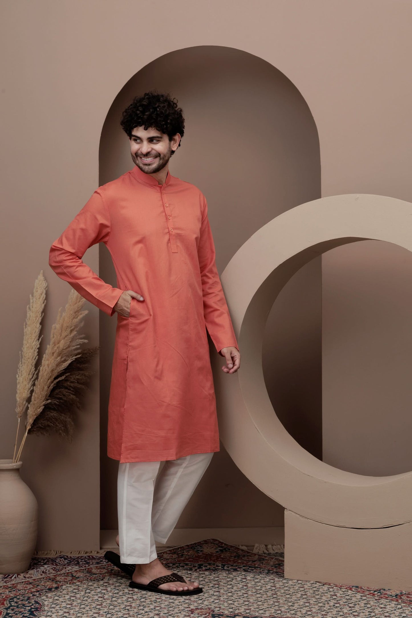 Orange cotton silk kurta pajama for festive occasions