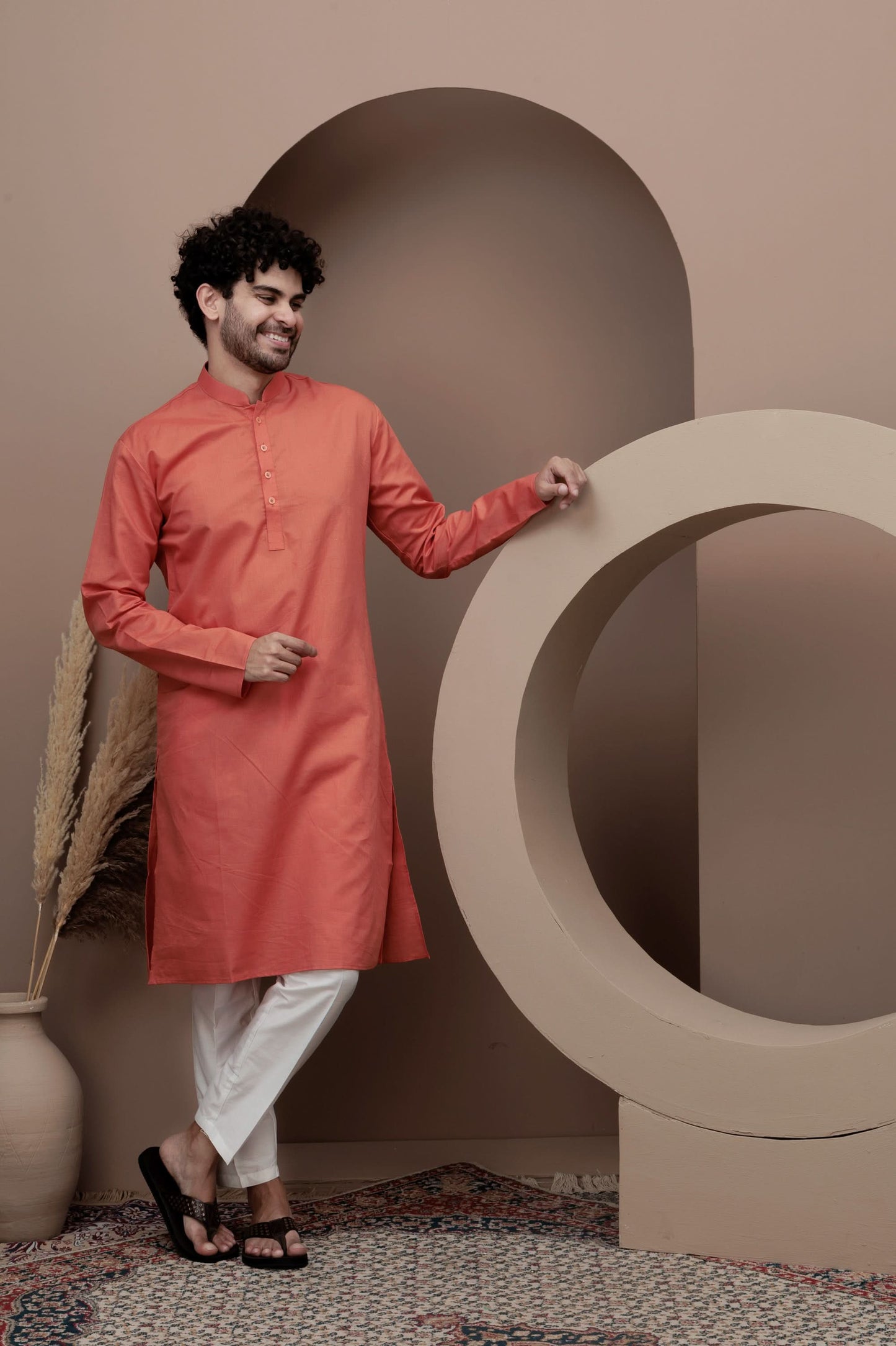 Orange cotton silk kurta pajama for festive occasions