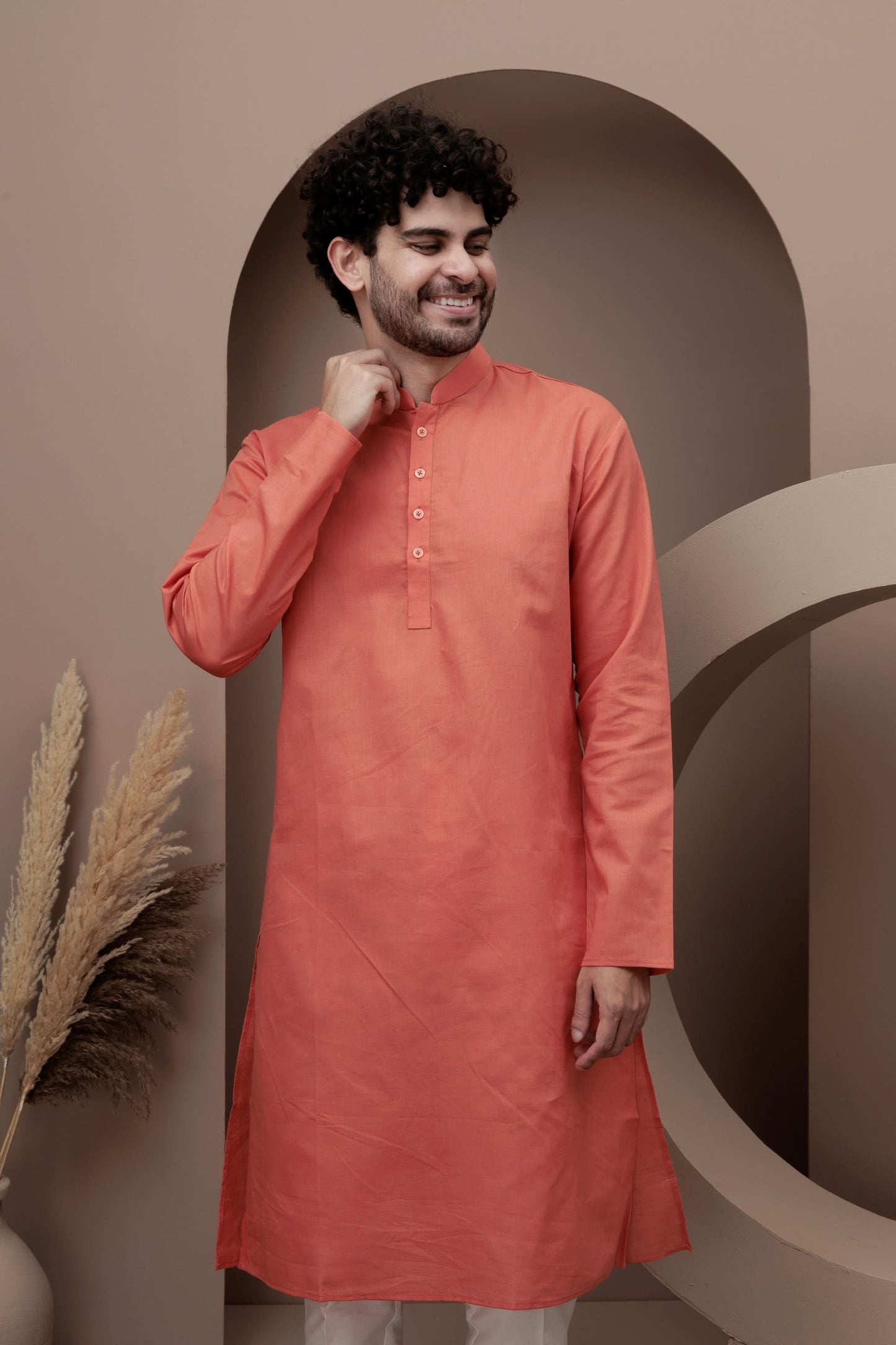 Orange cotton silk kurta pajama for festive occasions