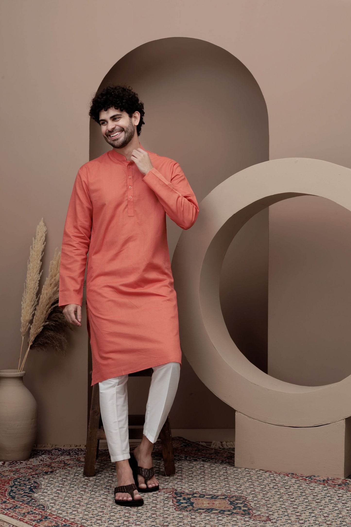 Orange cotton silk kurta pajama for festive occasions