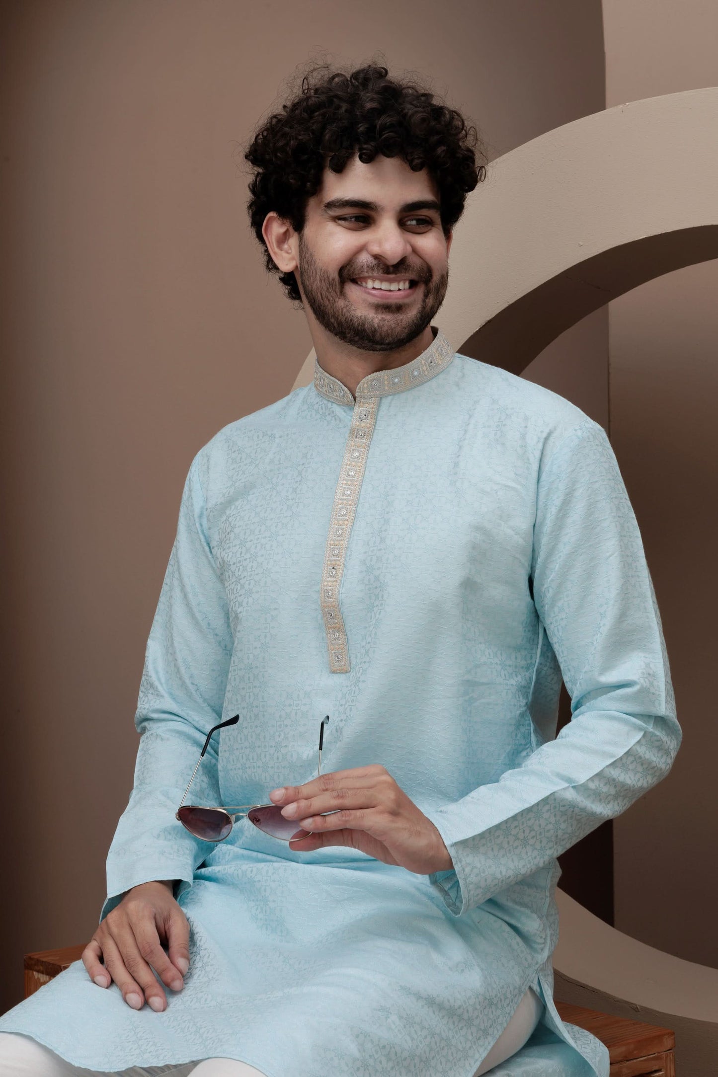 Blue cotton silk kurta pajama with embroided neck for festive occasions