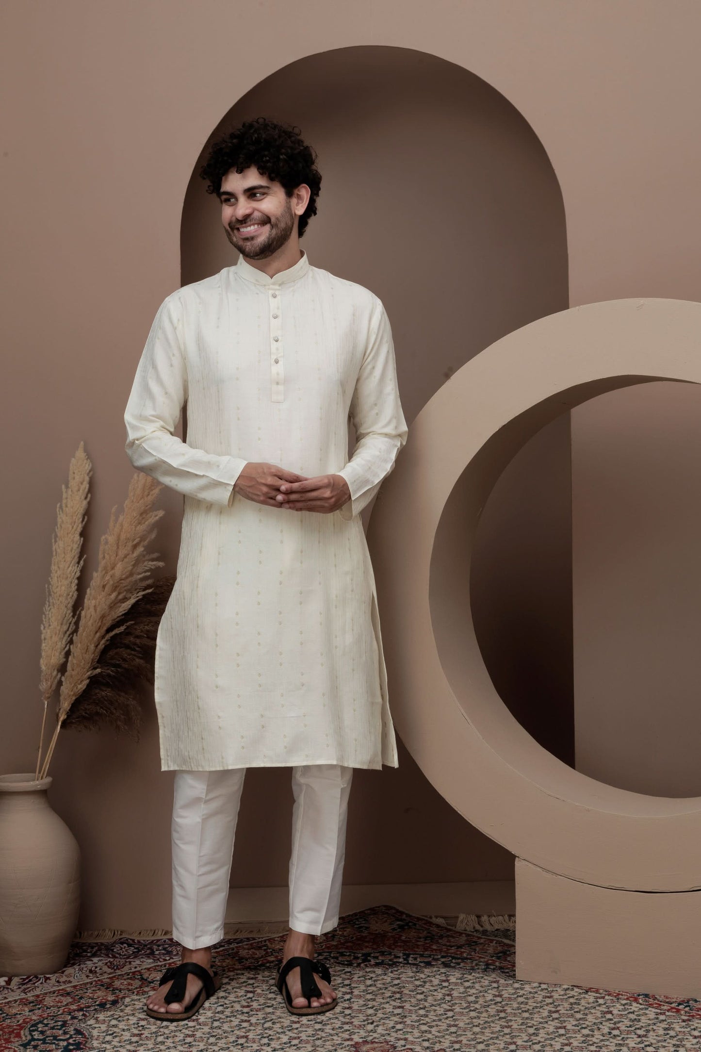 Cream cotton silk kurta pajama for festive occasions
