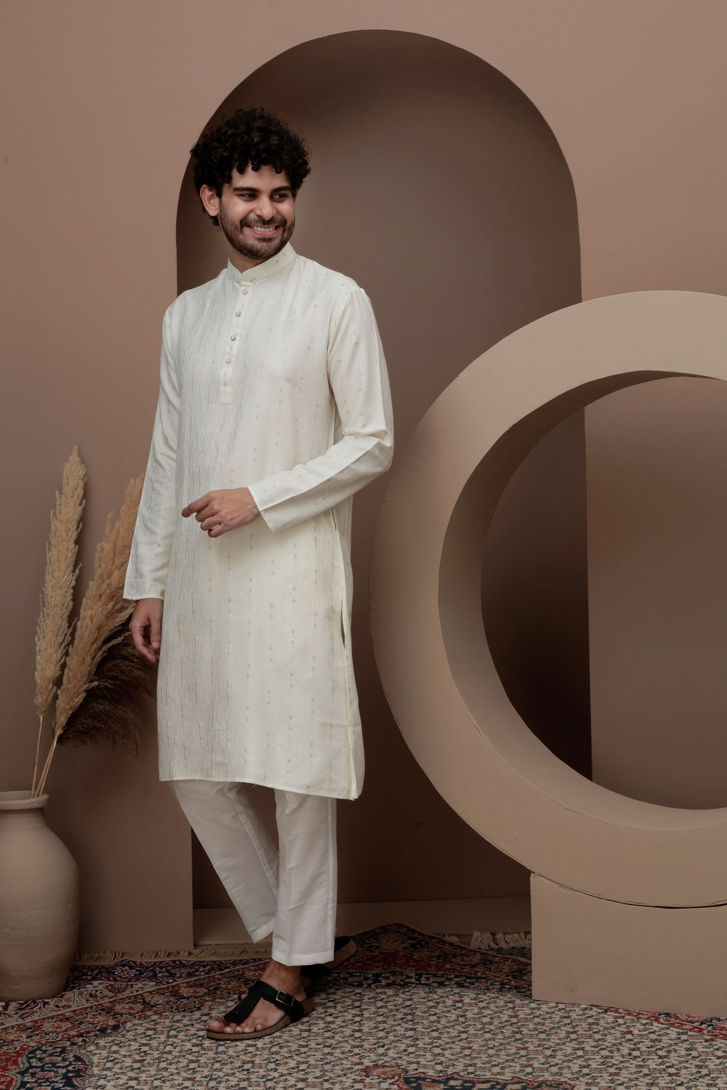 Cream cotton silk kurta pajama for festive occasions