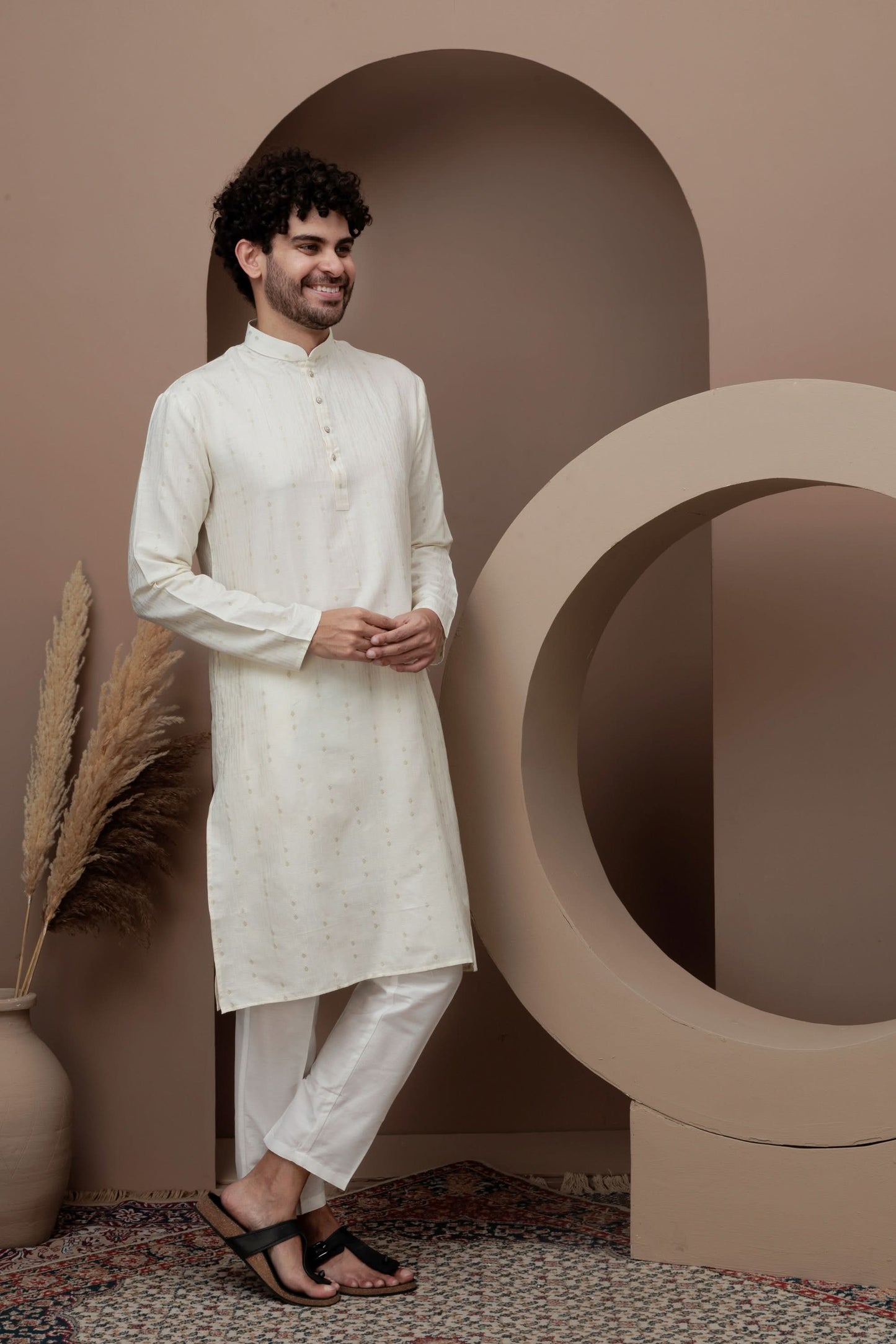 Cream cotton silk kurta pajama for festive occasions
