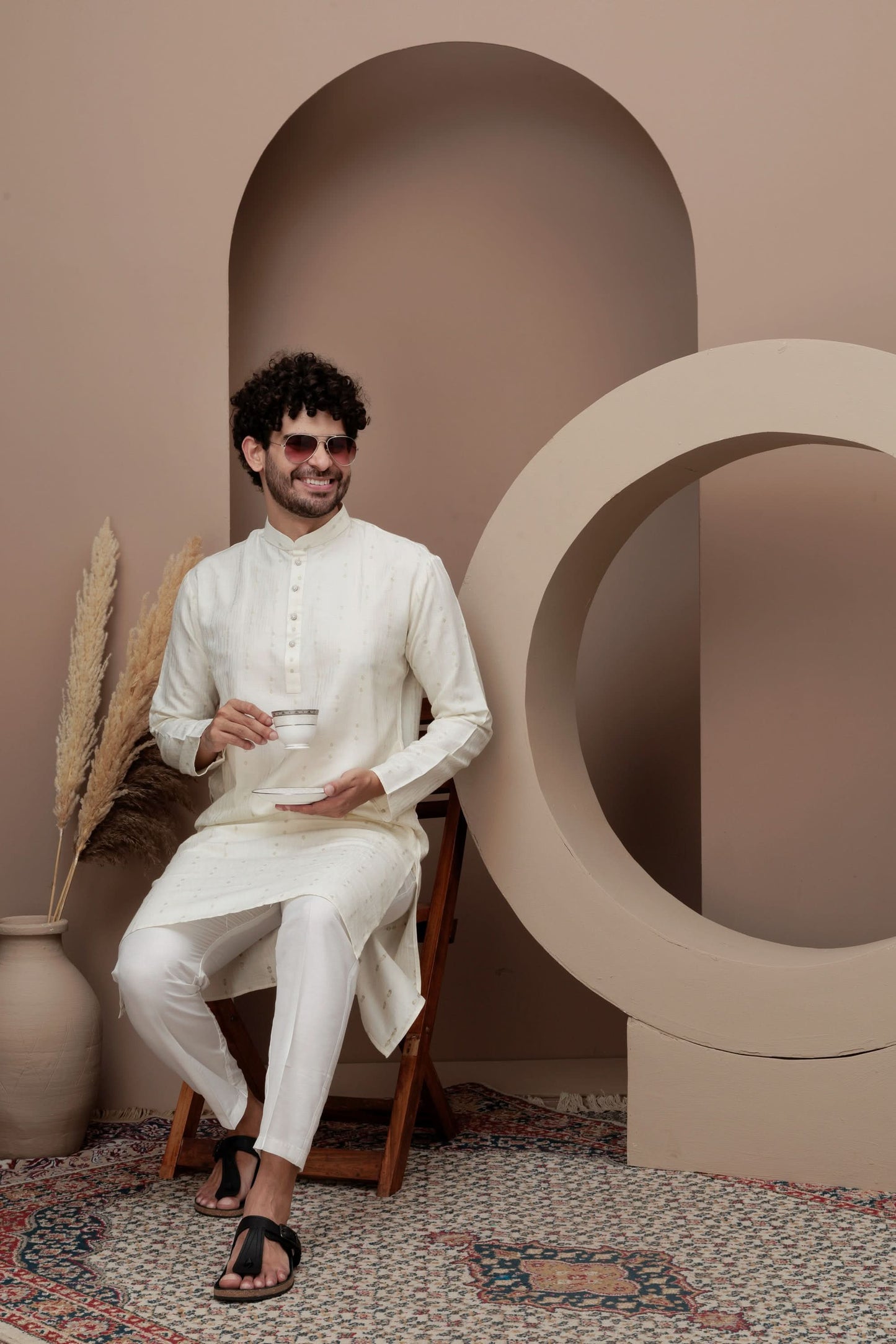Cream cotton silk kurta pajama for festive occasions