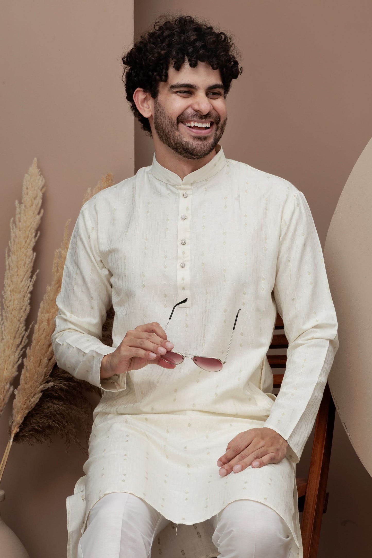 Cream cotton silk kurta pajama for festive occasions