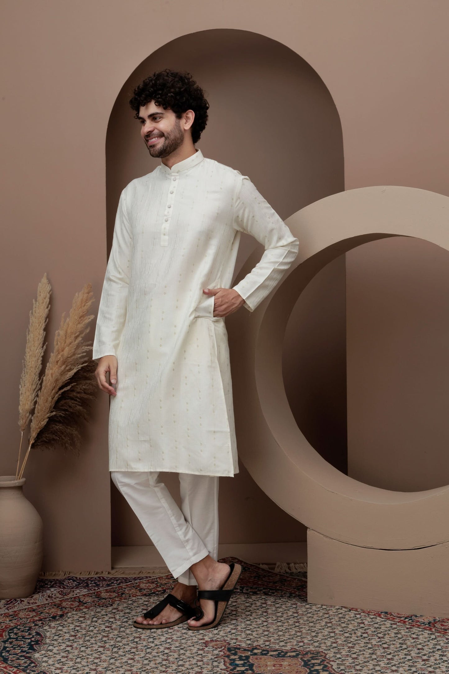 Cream cotton silk kurta pajama for festive occasions