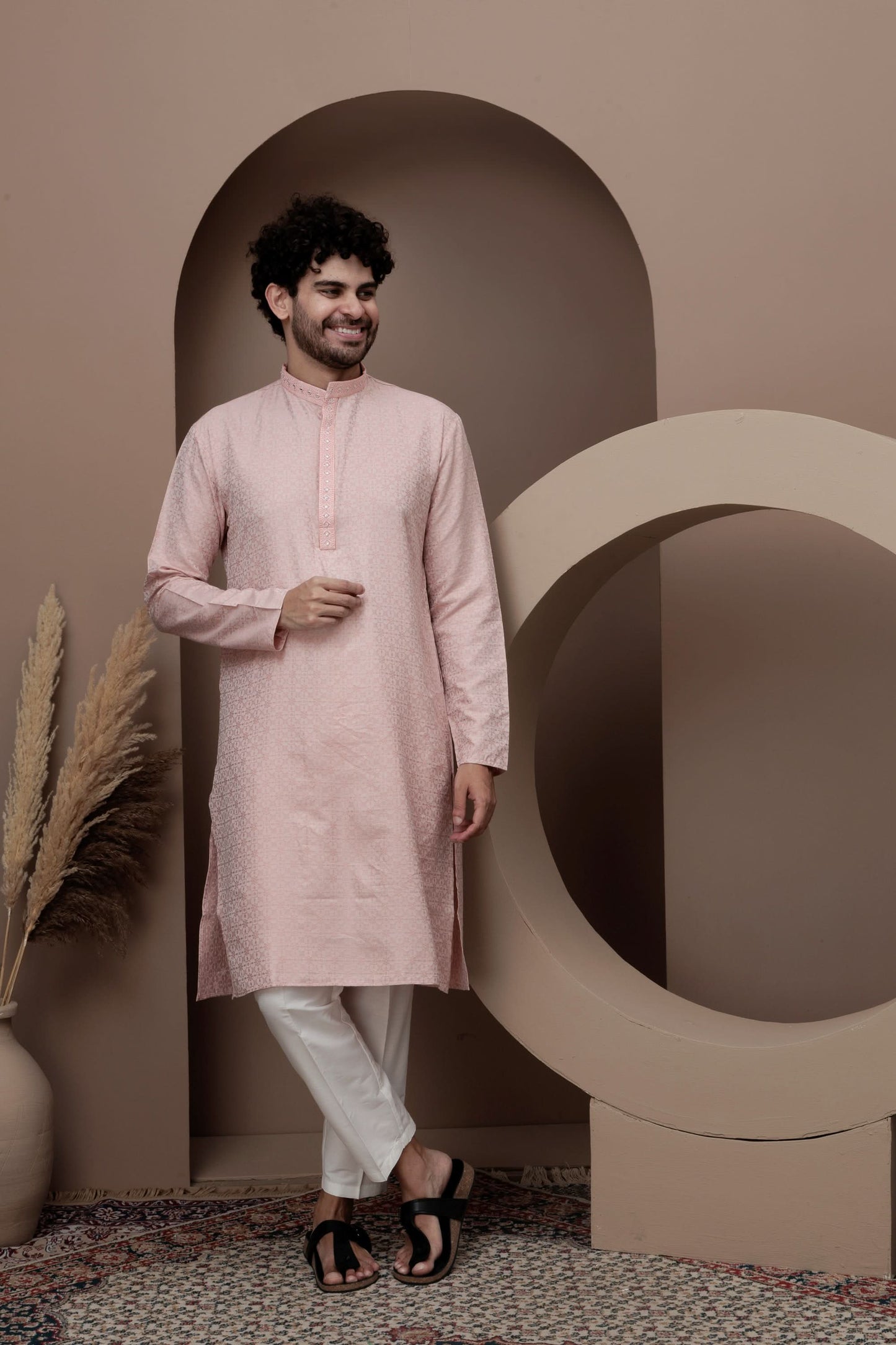 Pink cotton silk kurta pajama for festive occasions