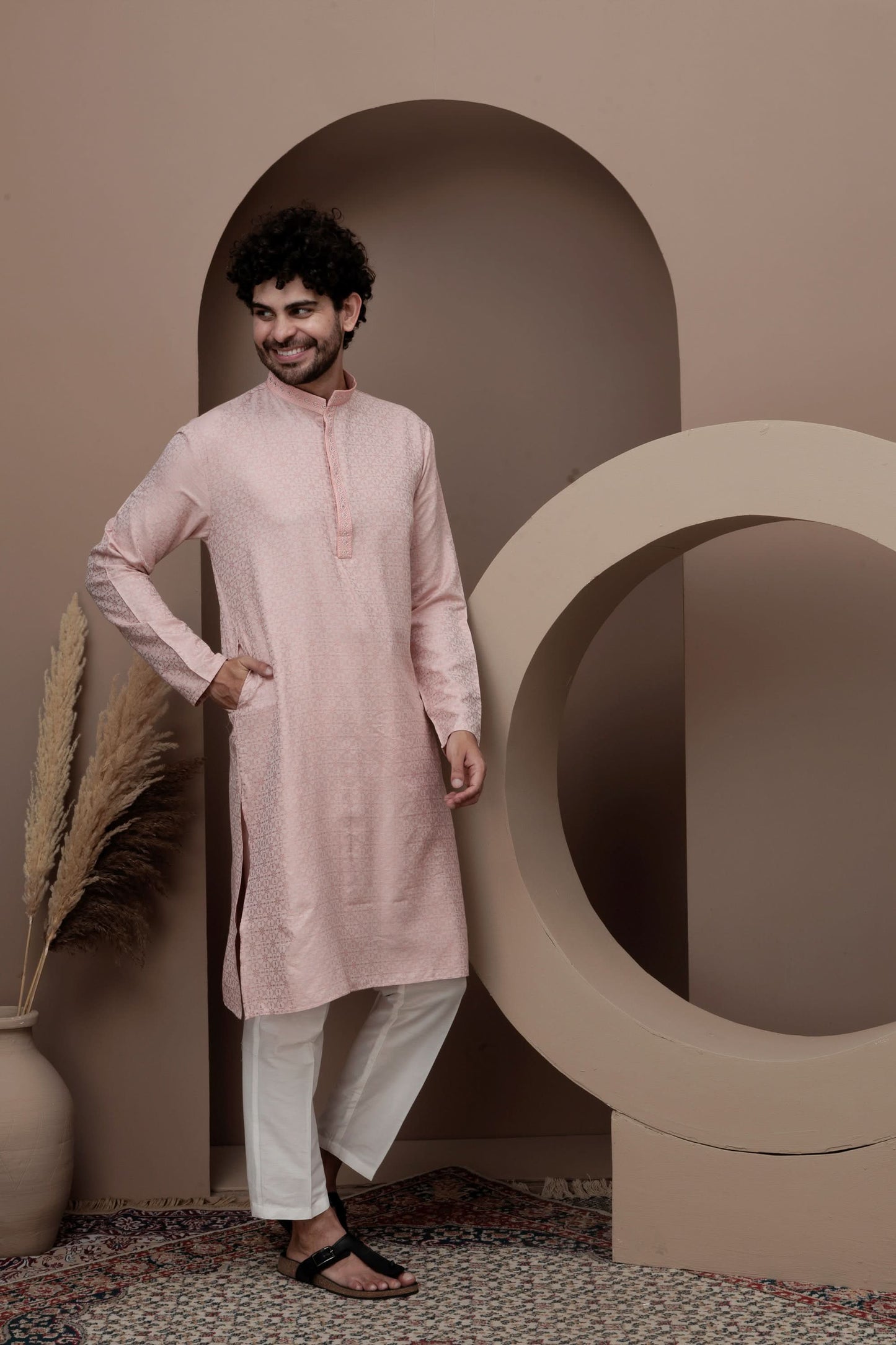 Pink cotton silk kurta pajama for festive occasions