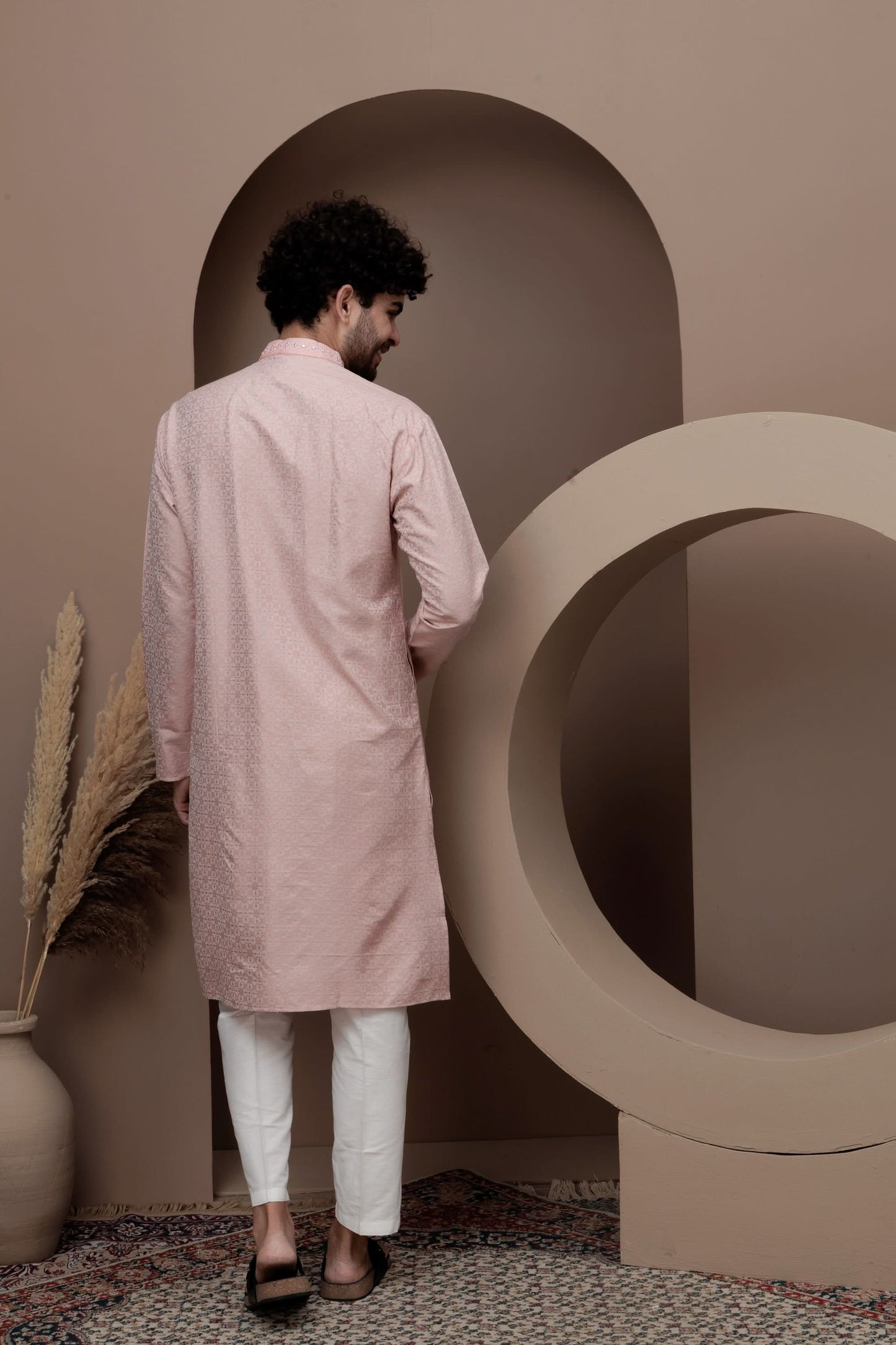 Pink cotton silk kurta pajama for festive occasions