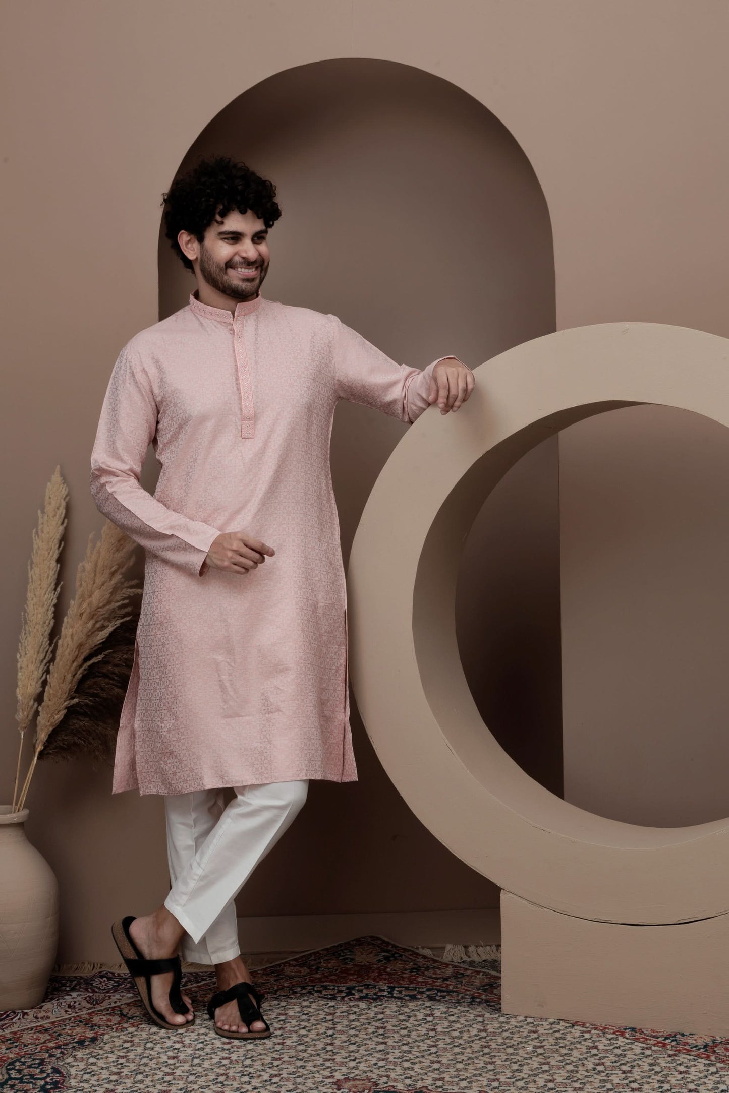 Pink cotton silk kurta pajama for festive occasions