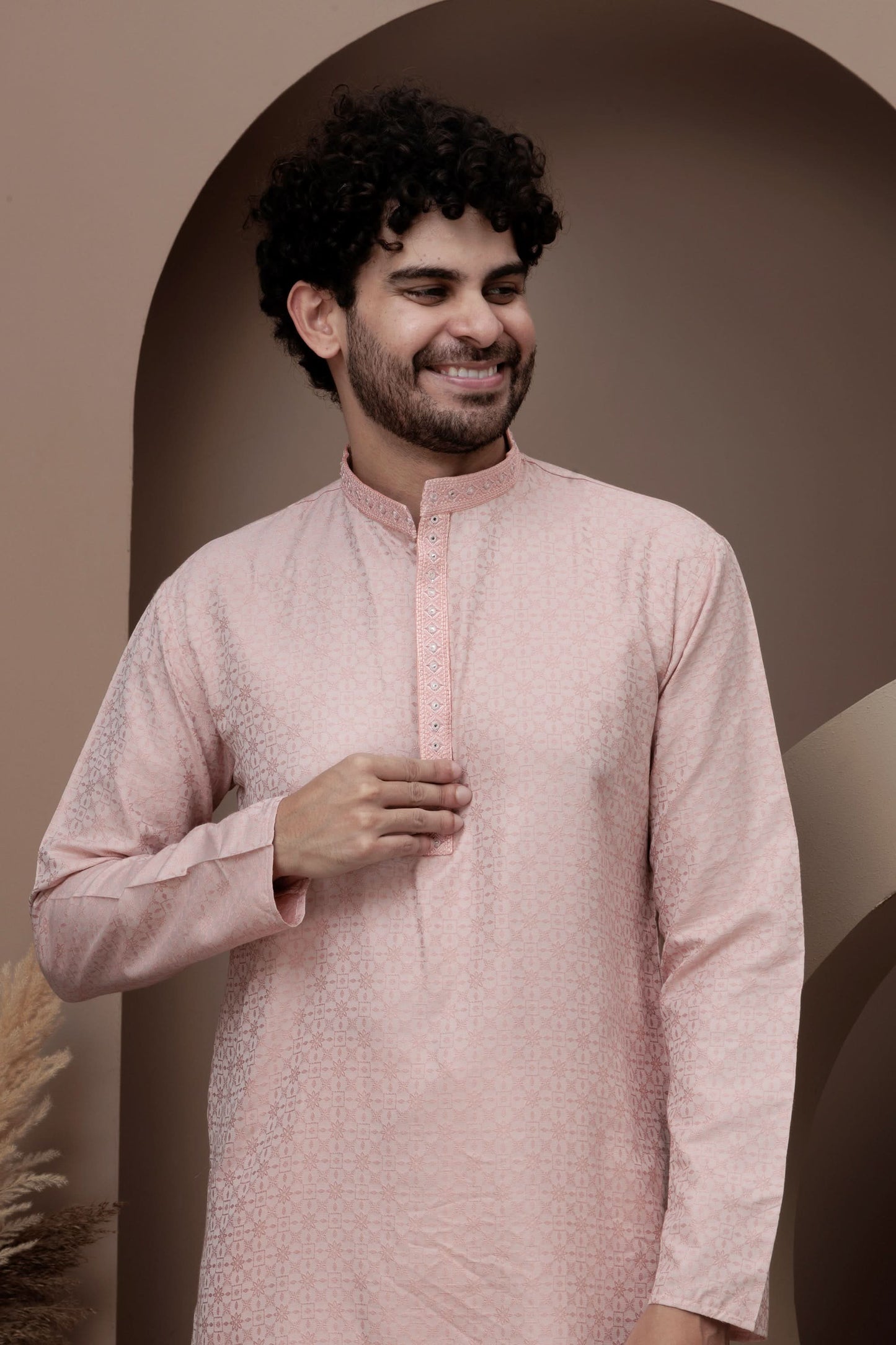 Pink cotton silk kurta pajama for festive occasions