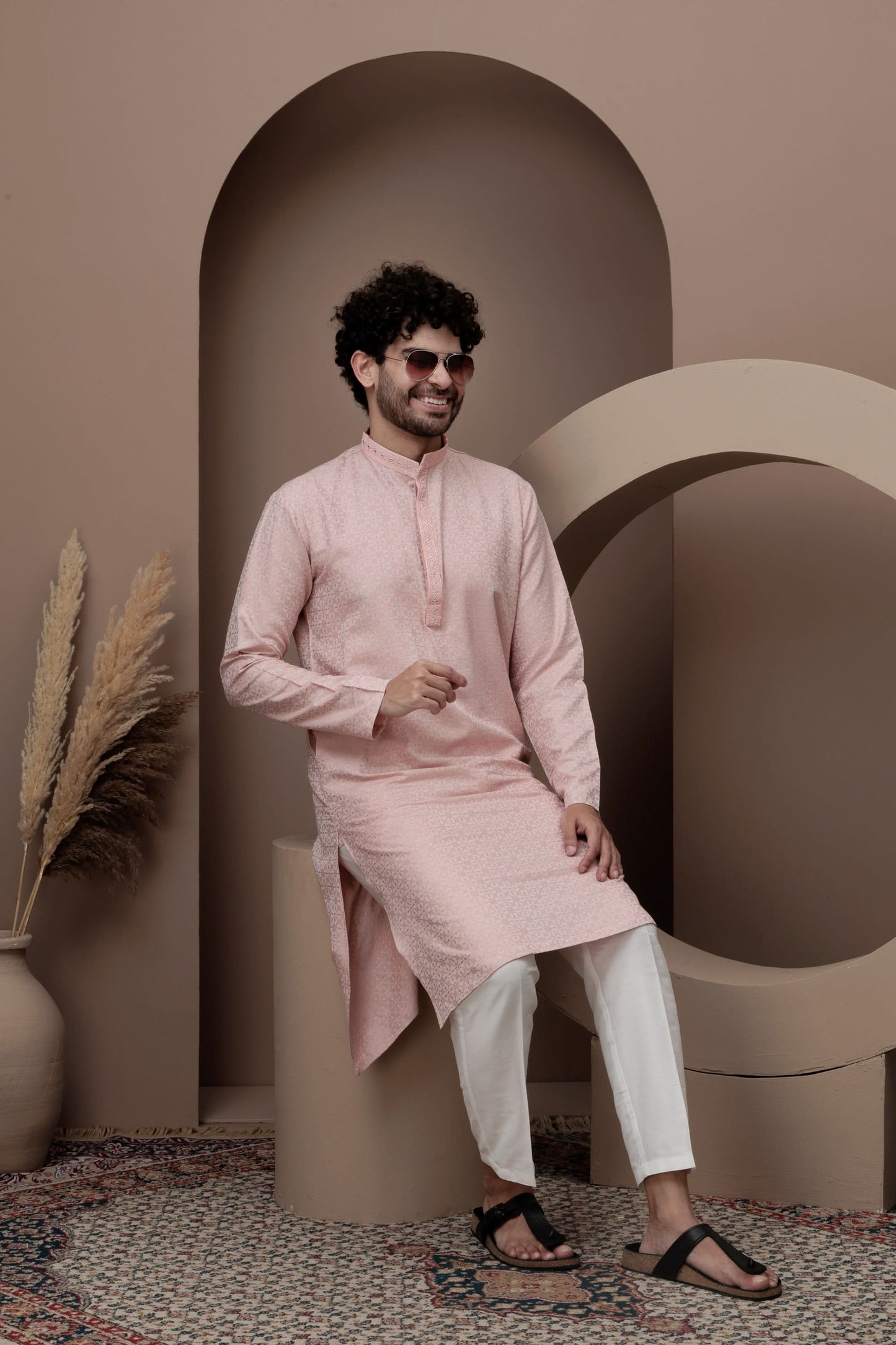 Pink cotton silk kurta pajama for festive occasions