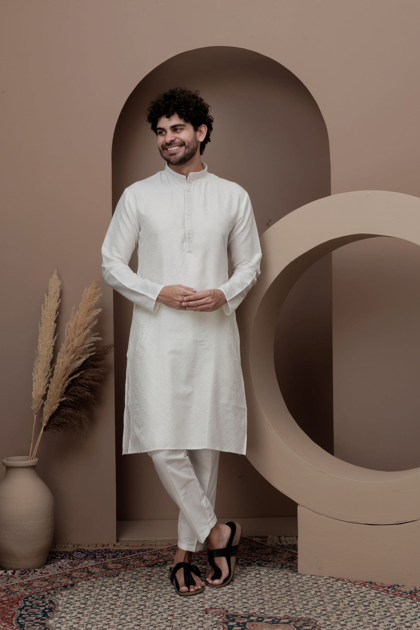 White cotton silk kurta pajama for festive occasions