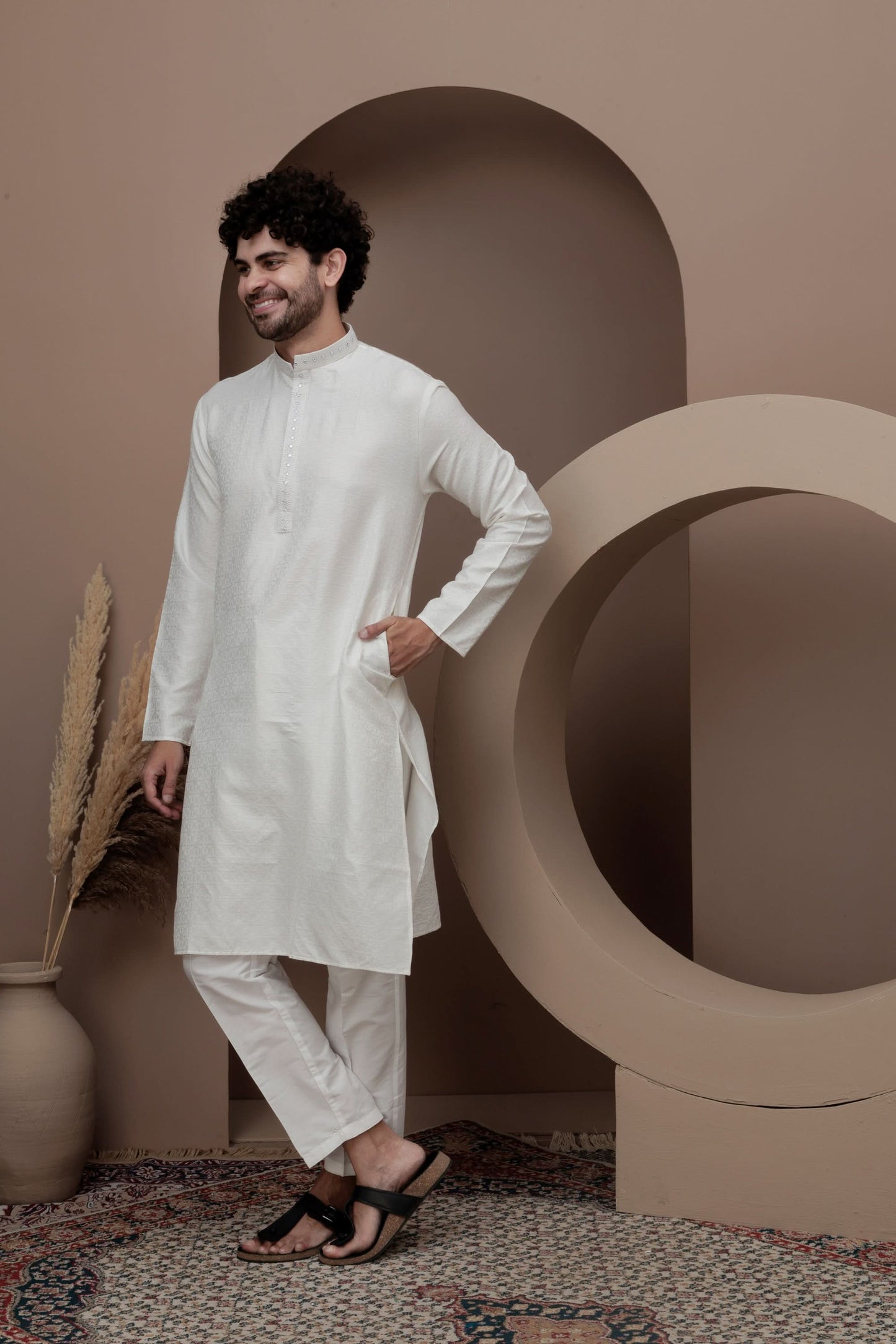 White cotton silk kurta pajama for festive occasions