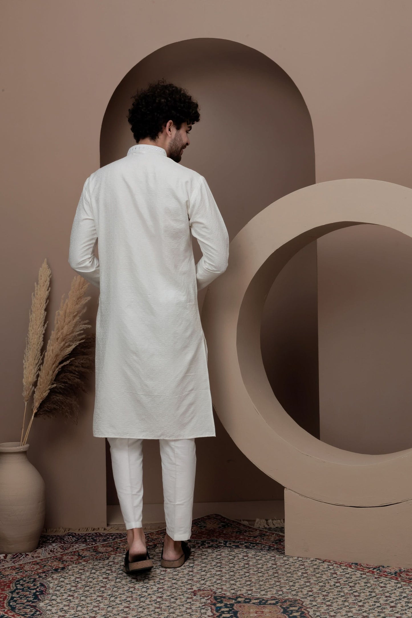 White cotton silk kurta pajama for festive occasions