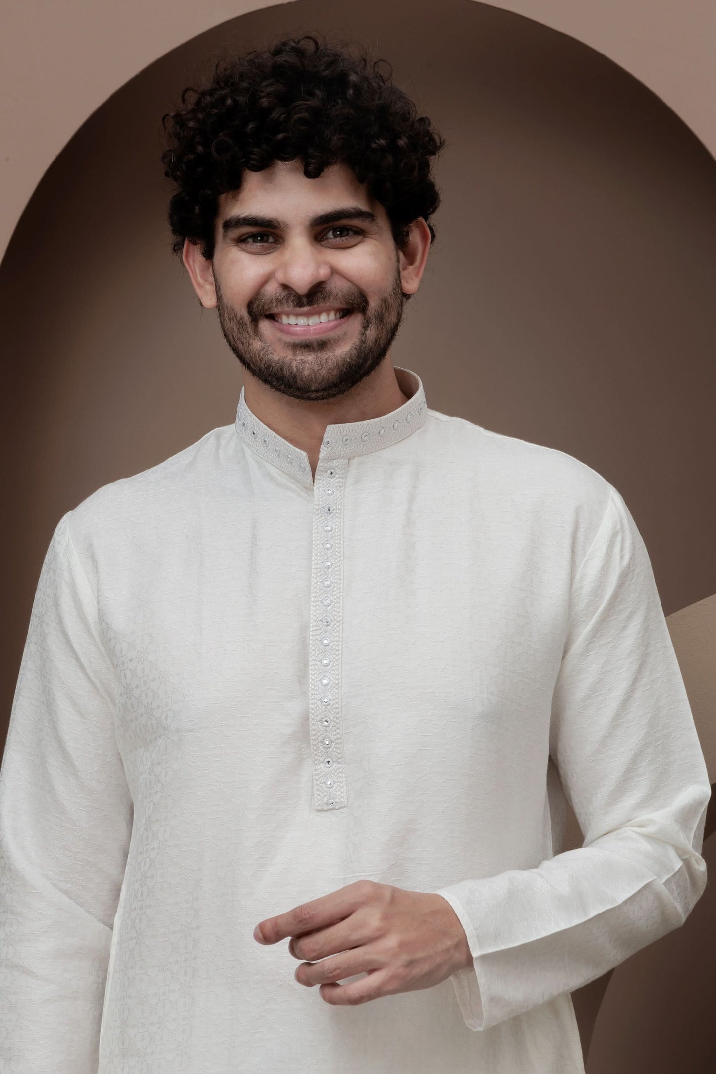 White cotton silk kurta pajama for festive occasions