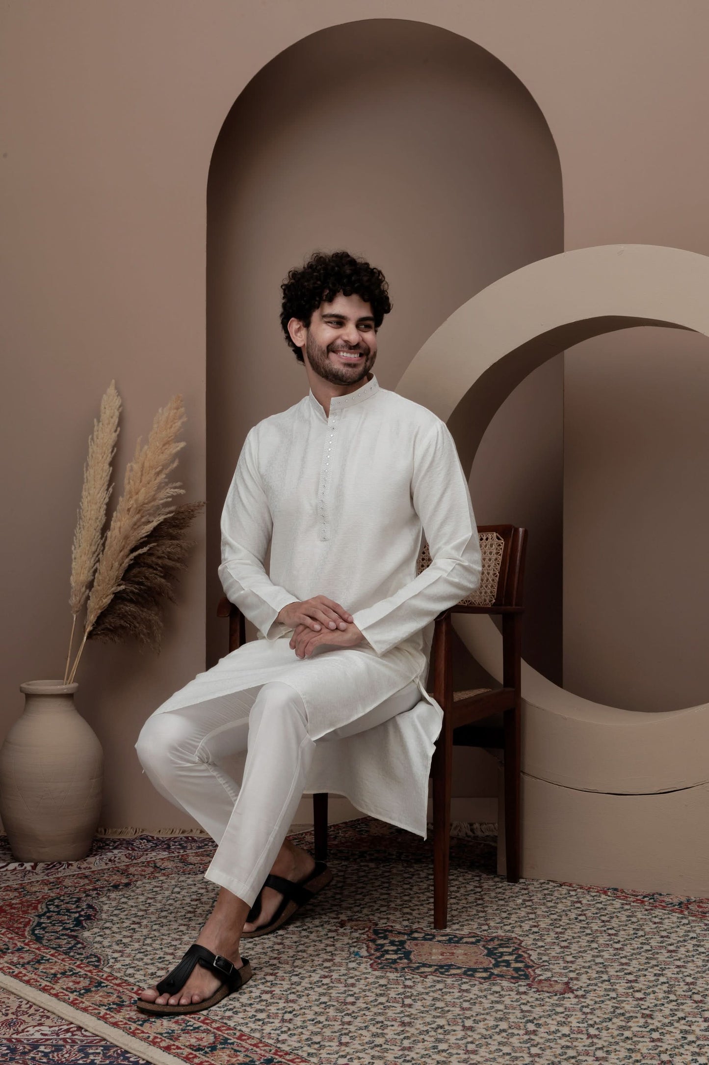 White cotton silk kurta pajama for festive occasions