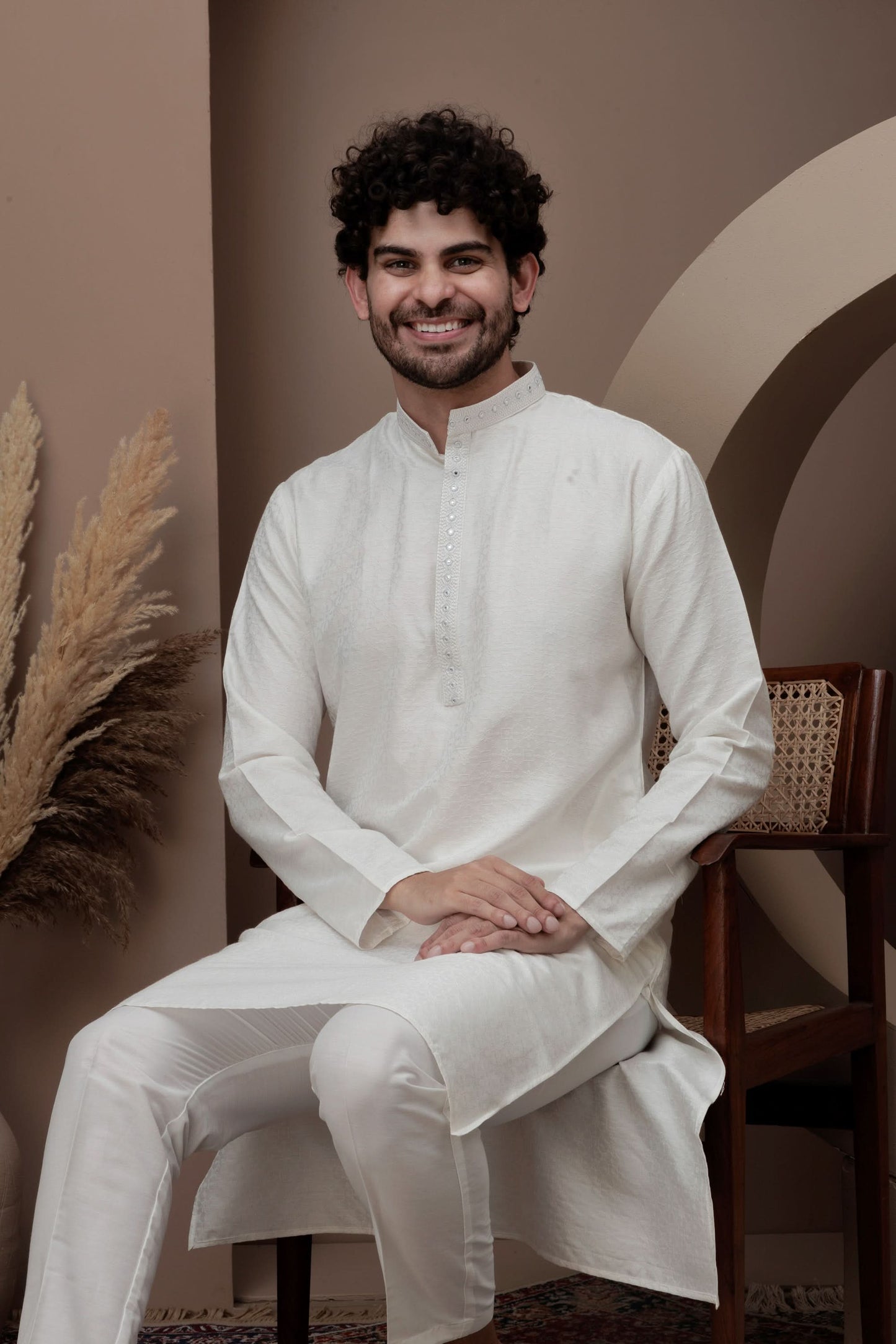 White cotton silk kurta pajama for festive occasions