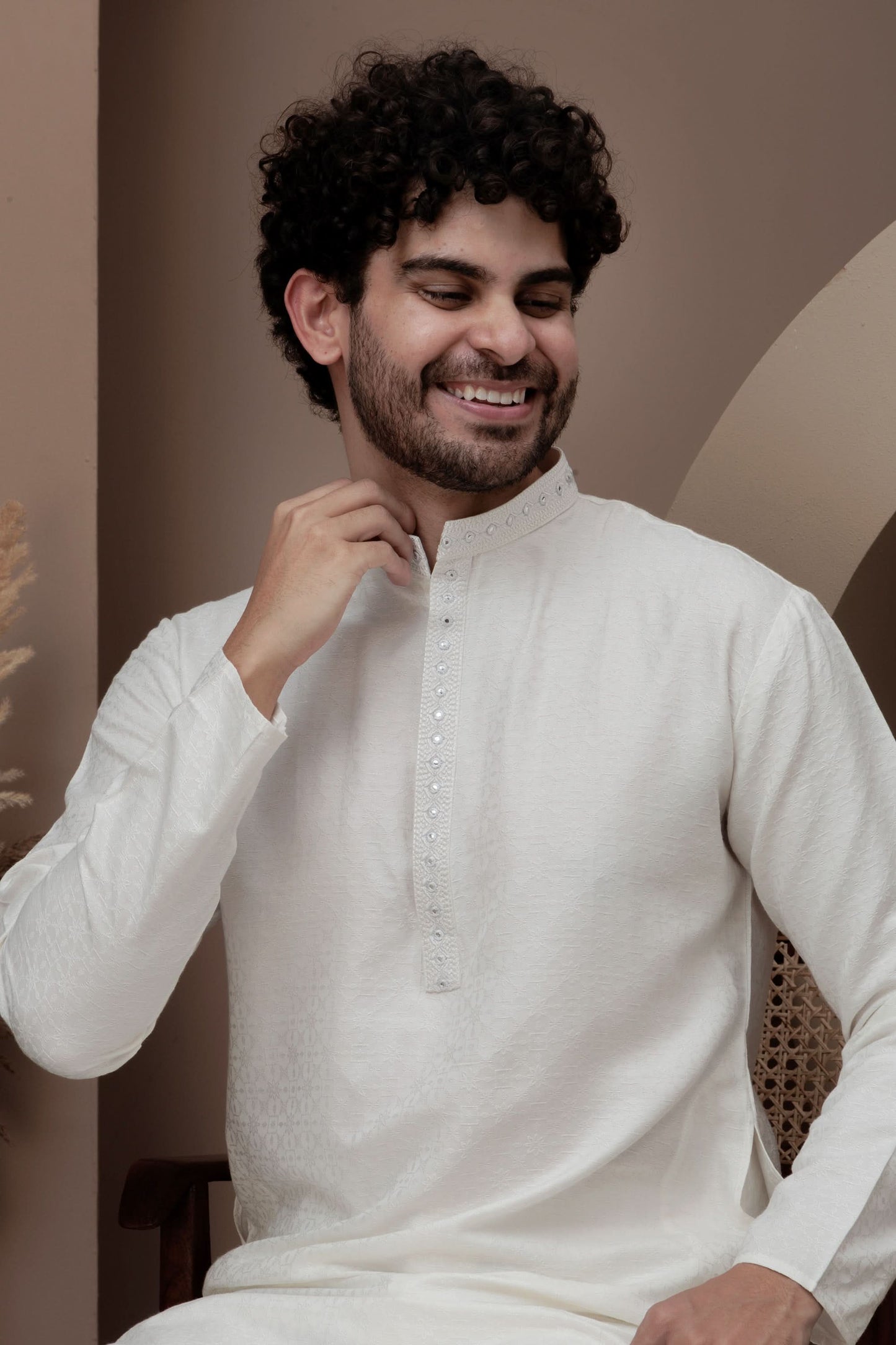 White cotton silk kurta pajama for festive occasions