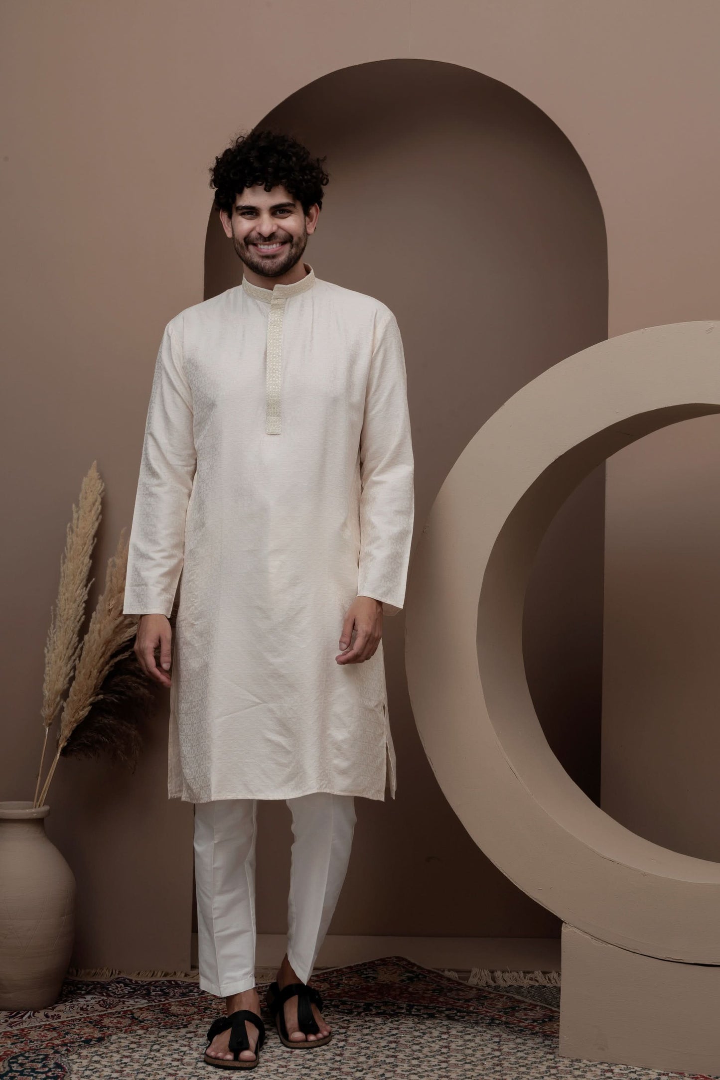 Peach cotton silk kurta pajama for festive occasions
