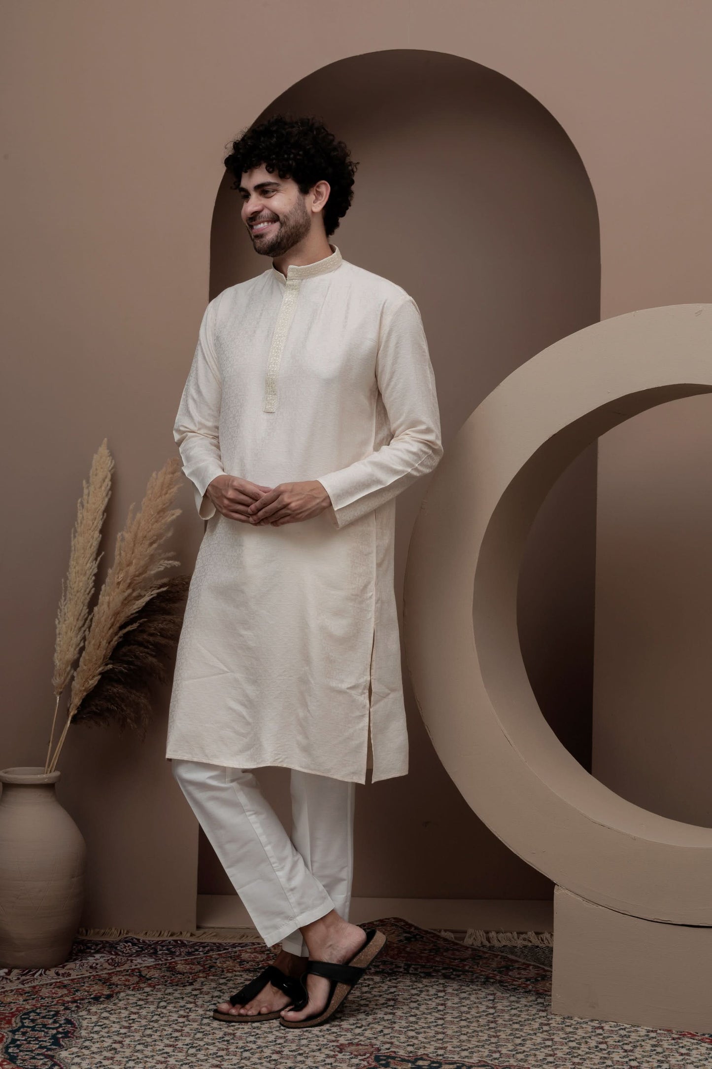 Peach cotton silk kurta pajama for festive occasions