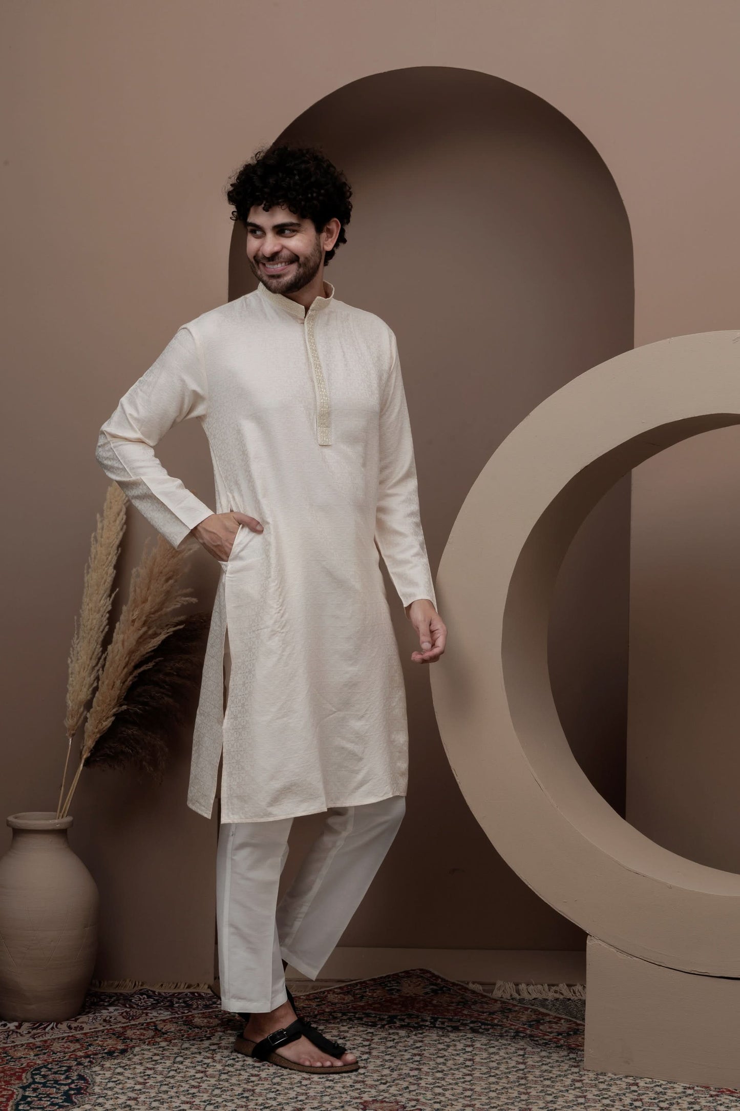 Peach cotton silk kurta pajama for festive occasions