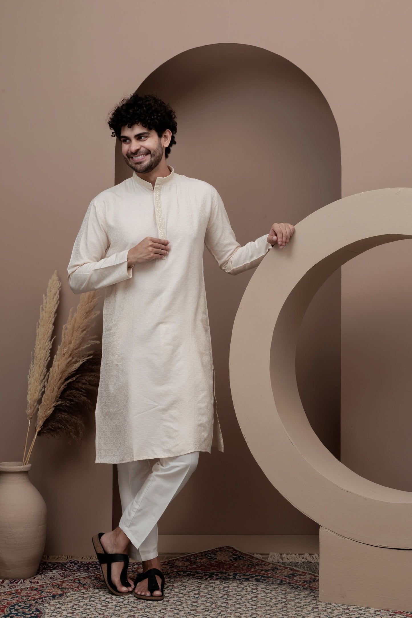 Peach cotton silk kurta pajama for festive occasions
