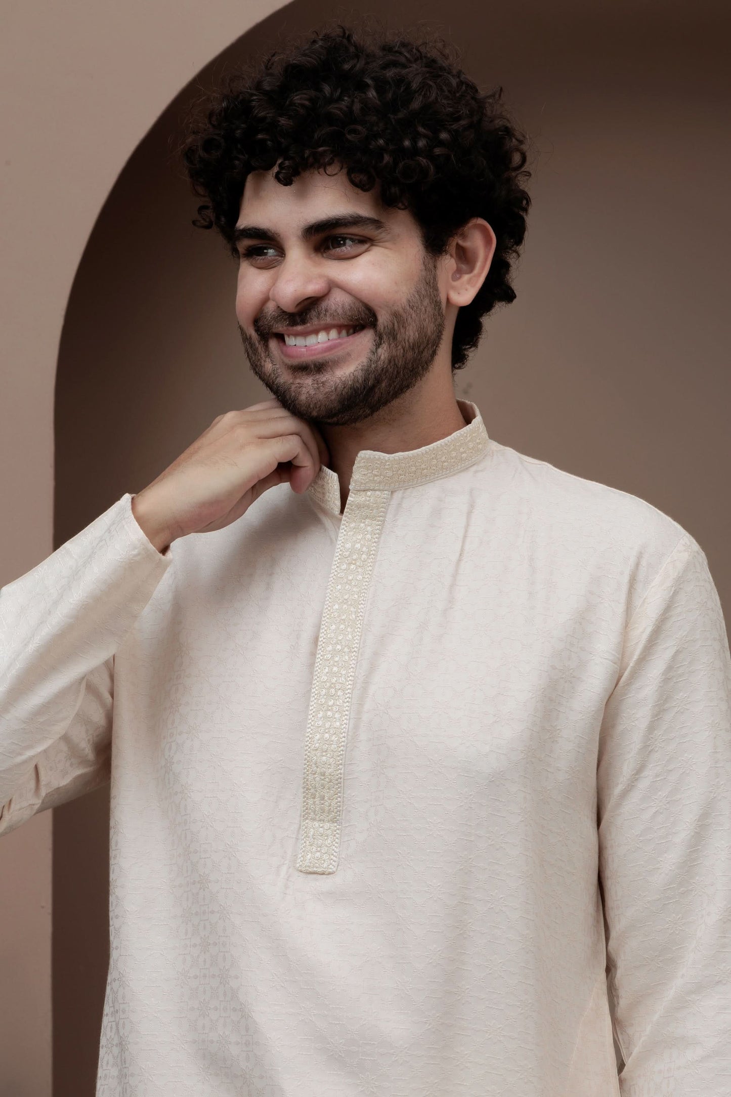 Peach cotton silk kurta pajama for festive occasions