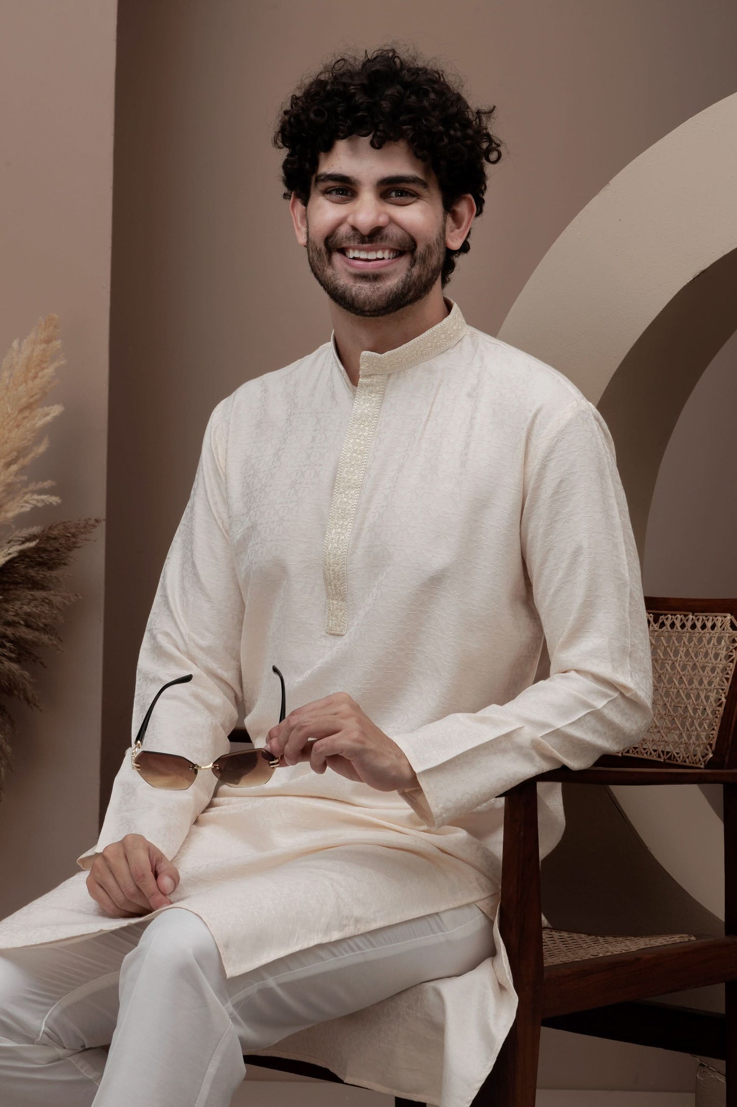 Peach cotton silk kurta pajama for festive occasions