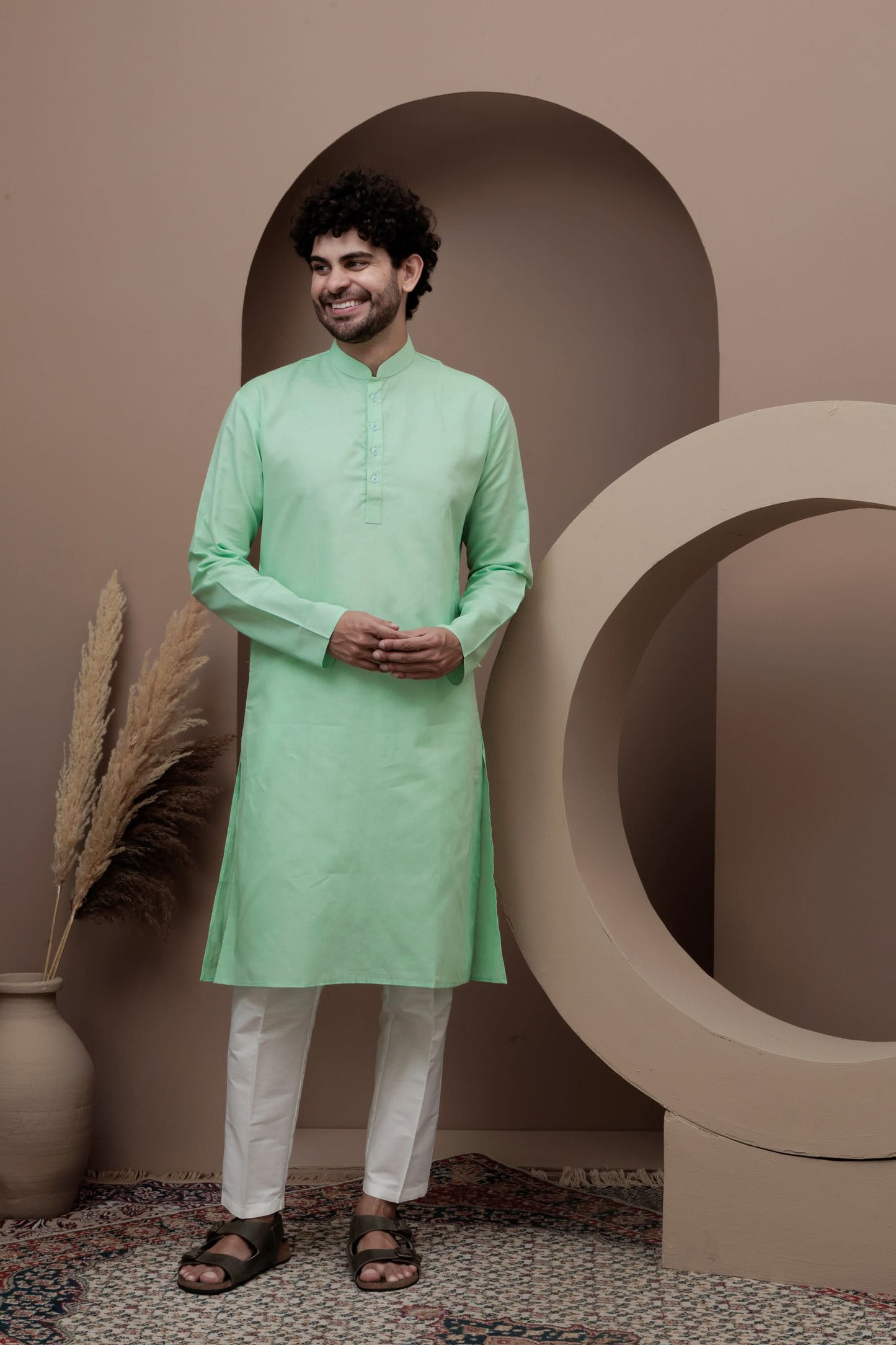 Green cotton silk kurta pajama for festive occasions